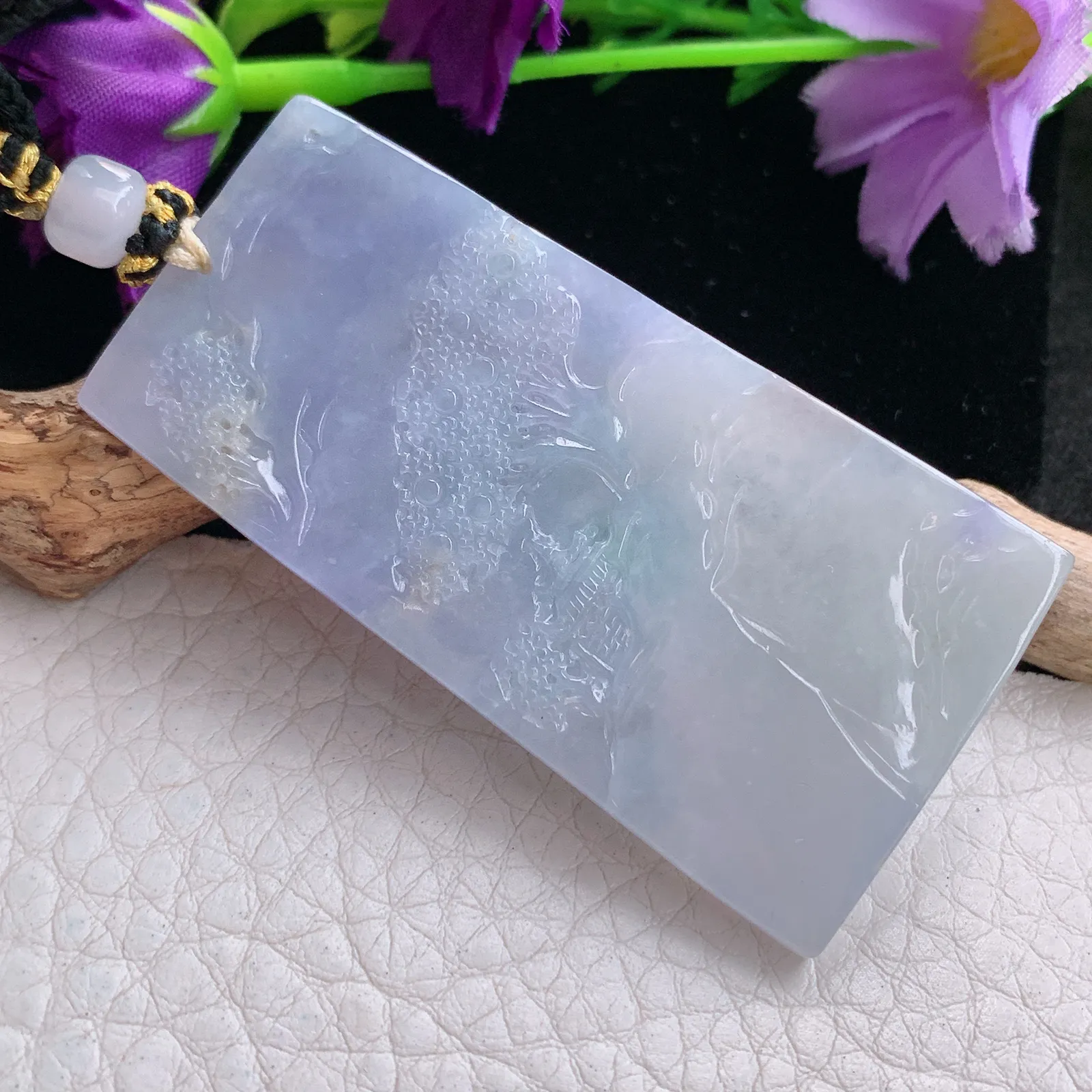 yl实拍55.6*28.8*4.5缅甸翡翠精雕冰三彩山水 大好河山玉吊坠 玉挂坠