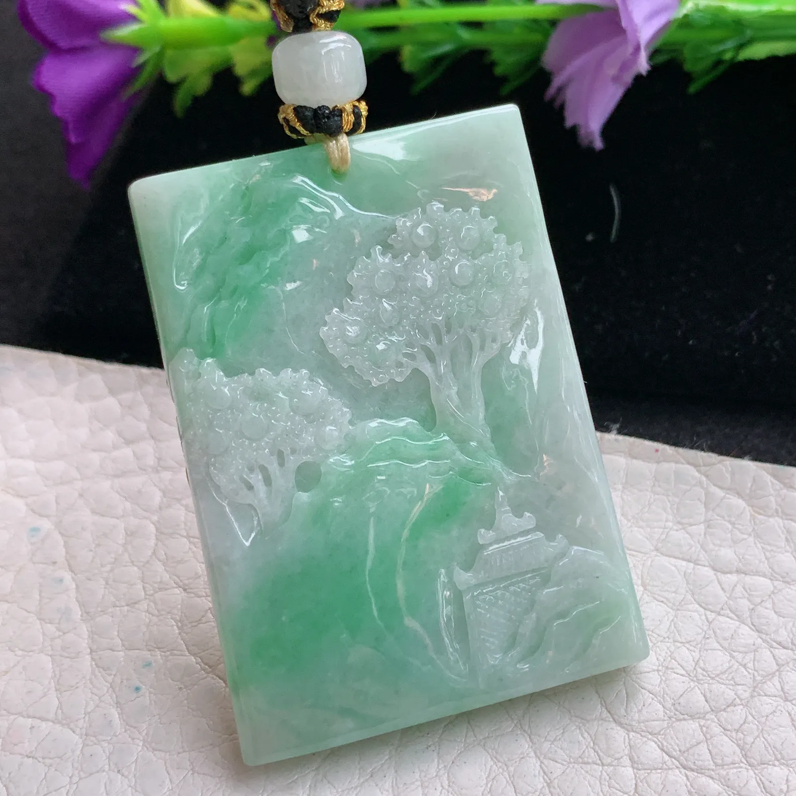 yl实拍49*35.2*11缅甸翡翠俏色巧雕三彩山水 大好河山玉吊坠 玉挂坠