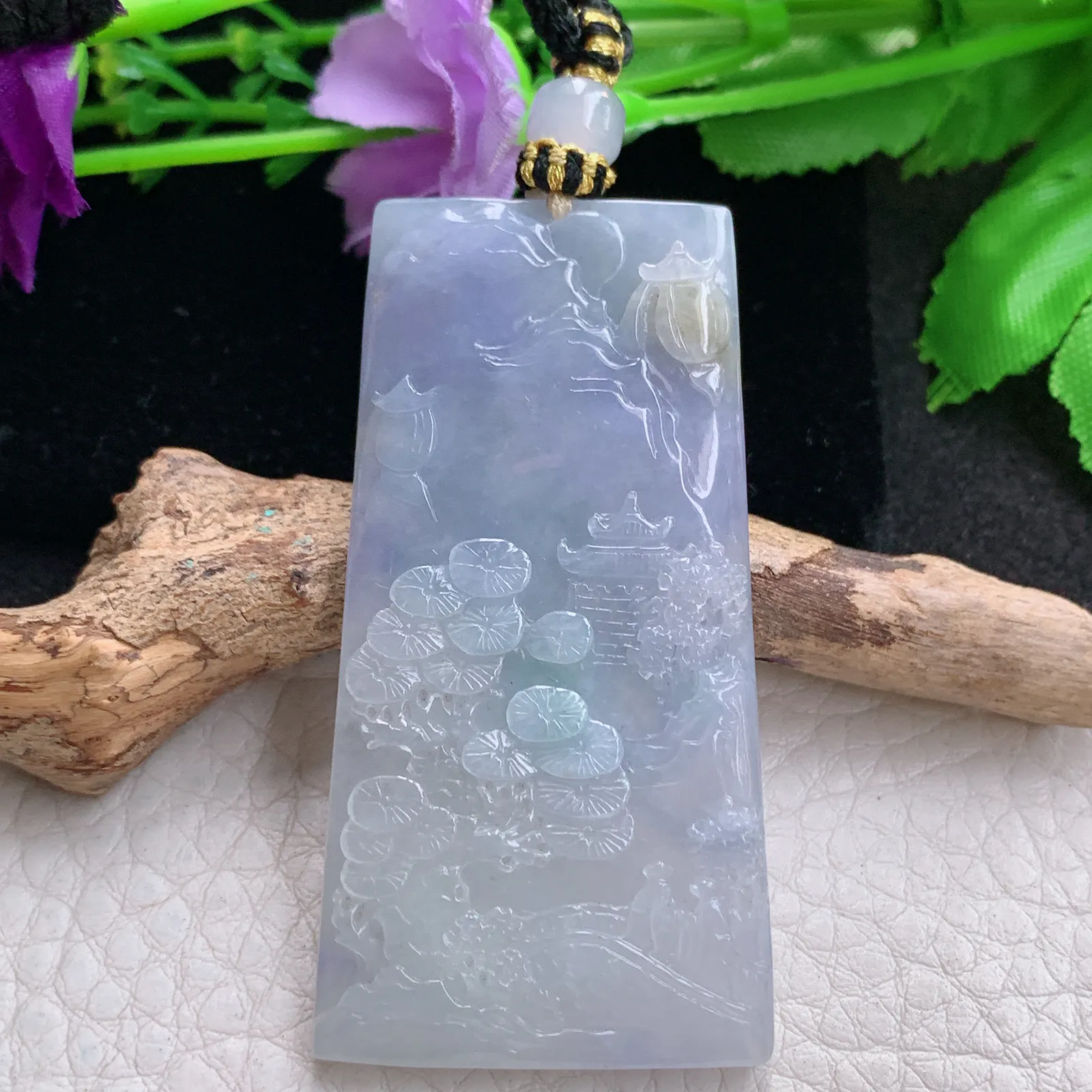 yl实拍55.6*28.8*4.5缅甸翡翠精雕冰三彩山水 紫色大好河山玉吊坠