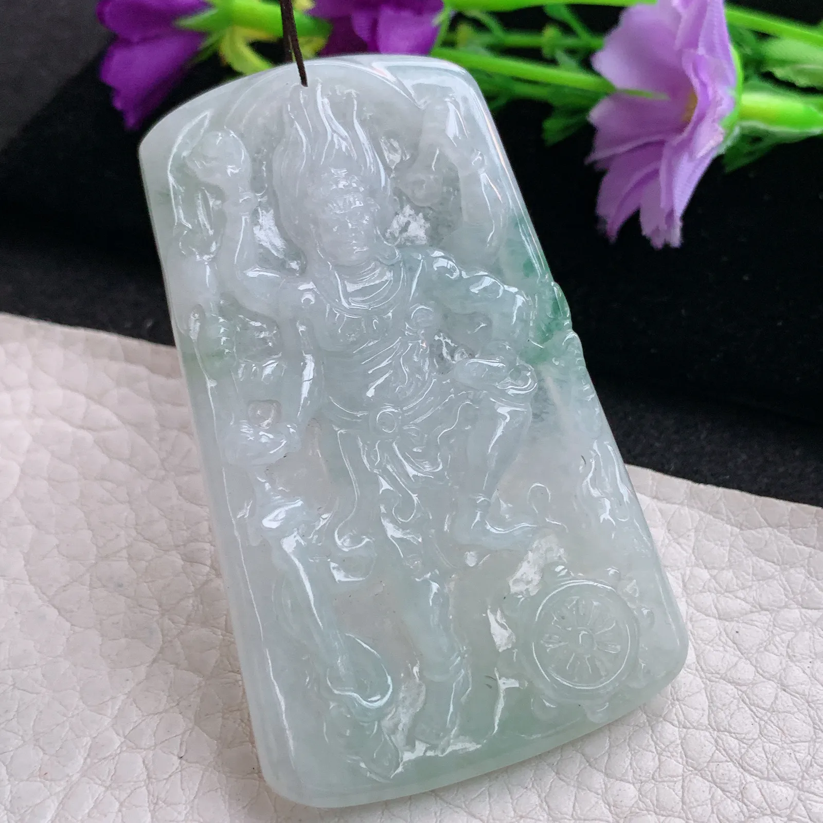 lz实拍63.8*38.9*5.2缅甸翡翠精雕飘花不动冥王 生肖守护神玉吊坠 玉挂坠