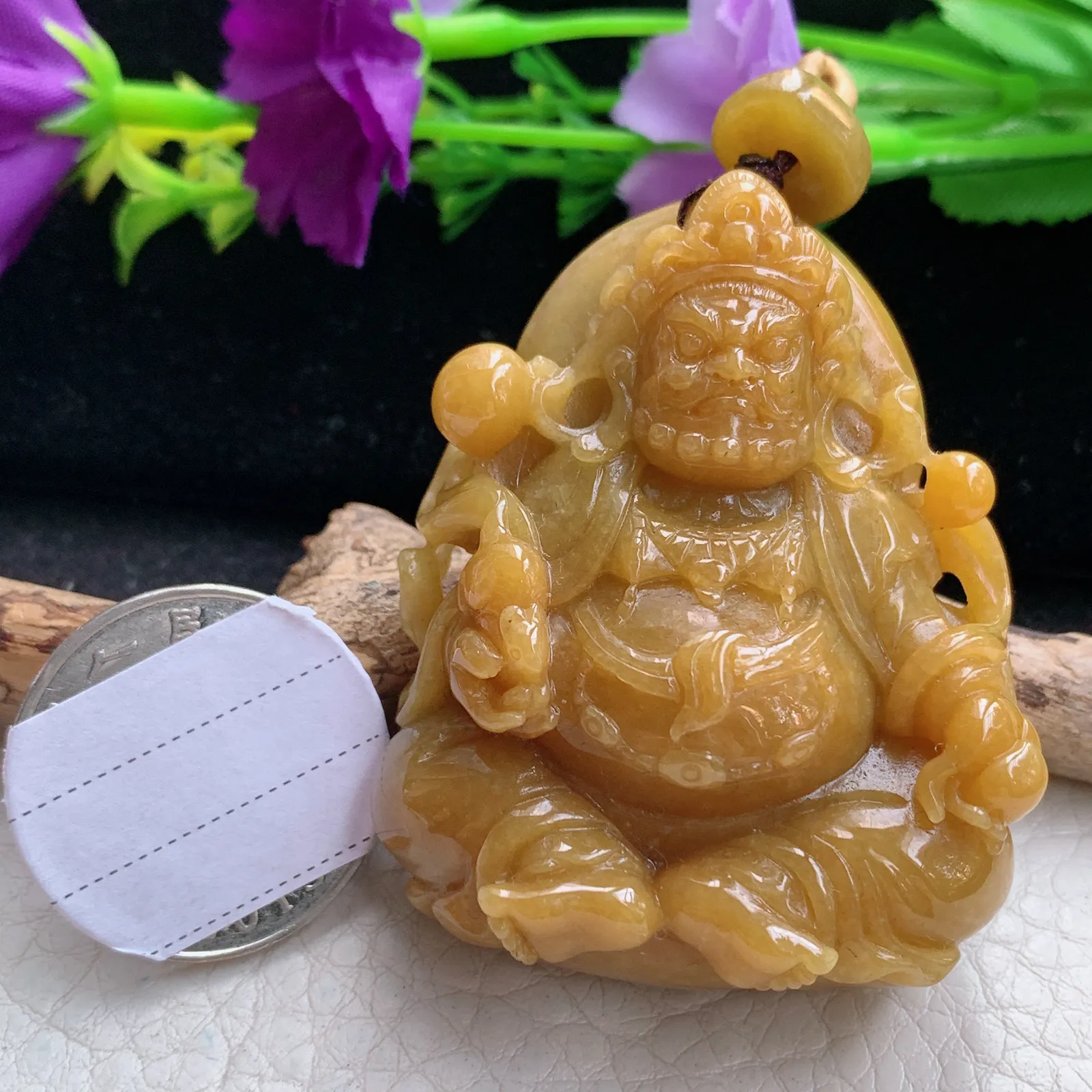 lz实拍53.3*42*18.5缅甸翡翠精雕黄翡黄财神 财神爷玉吊坠 玉挂坠