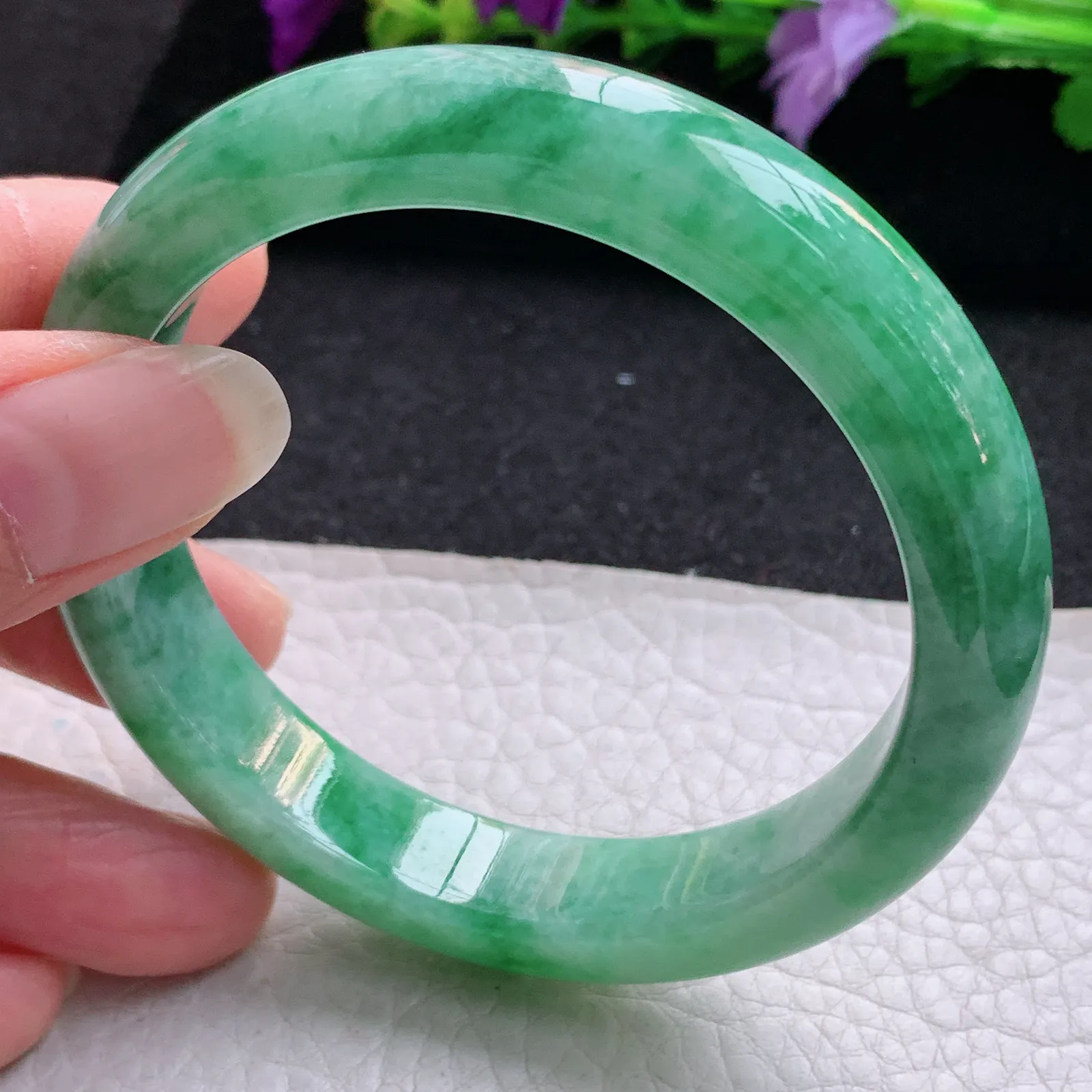 xh实拍56*12*8.3平安镯 天然缅甸翡翠满绿宽边玉手镯 玉手环