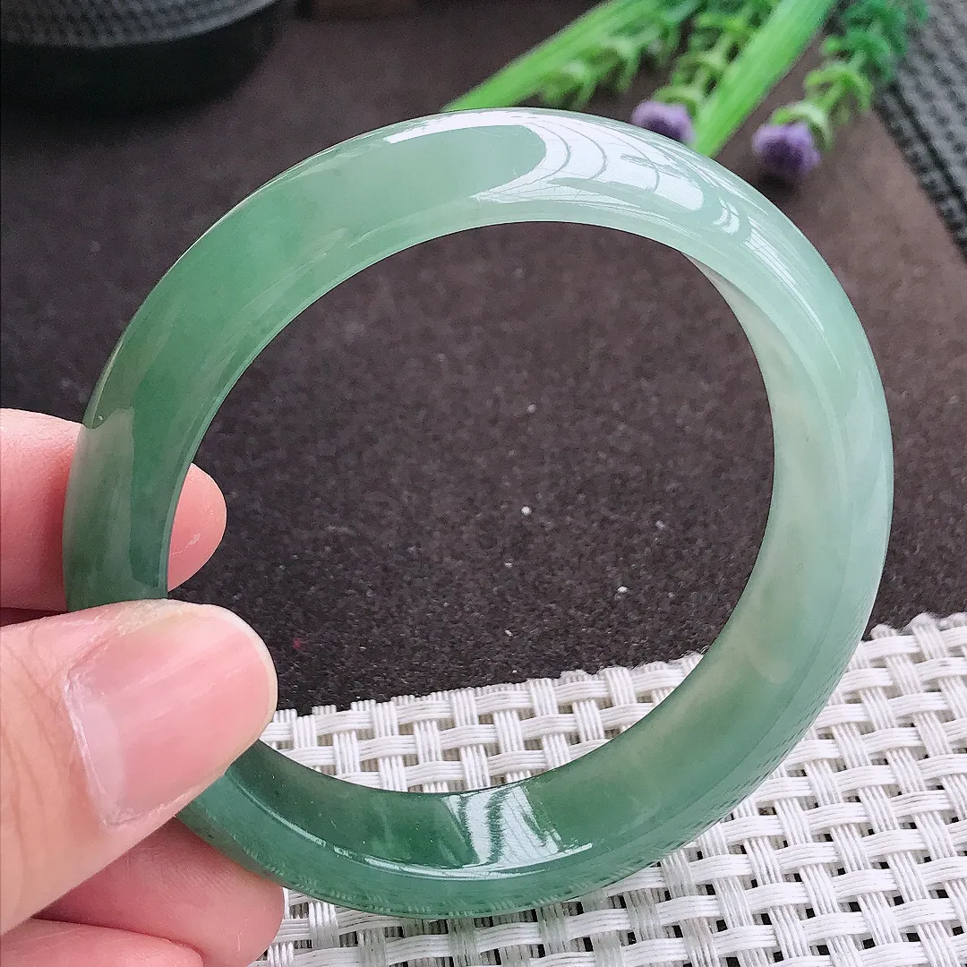 实拍A货翡翠57.5/15/7.8老坑冰胶果冻冰晴满油绿手镯宽边轮胎镯女款