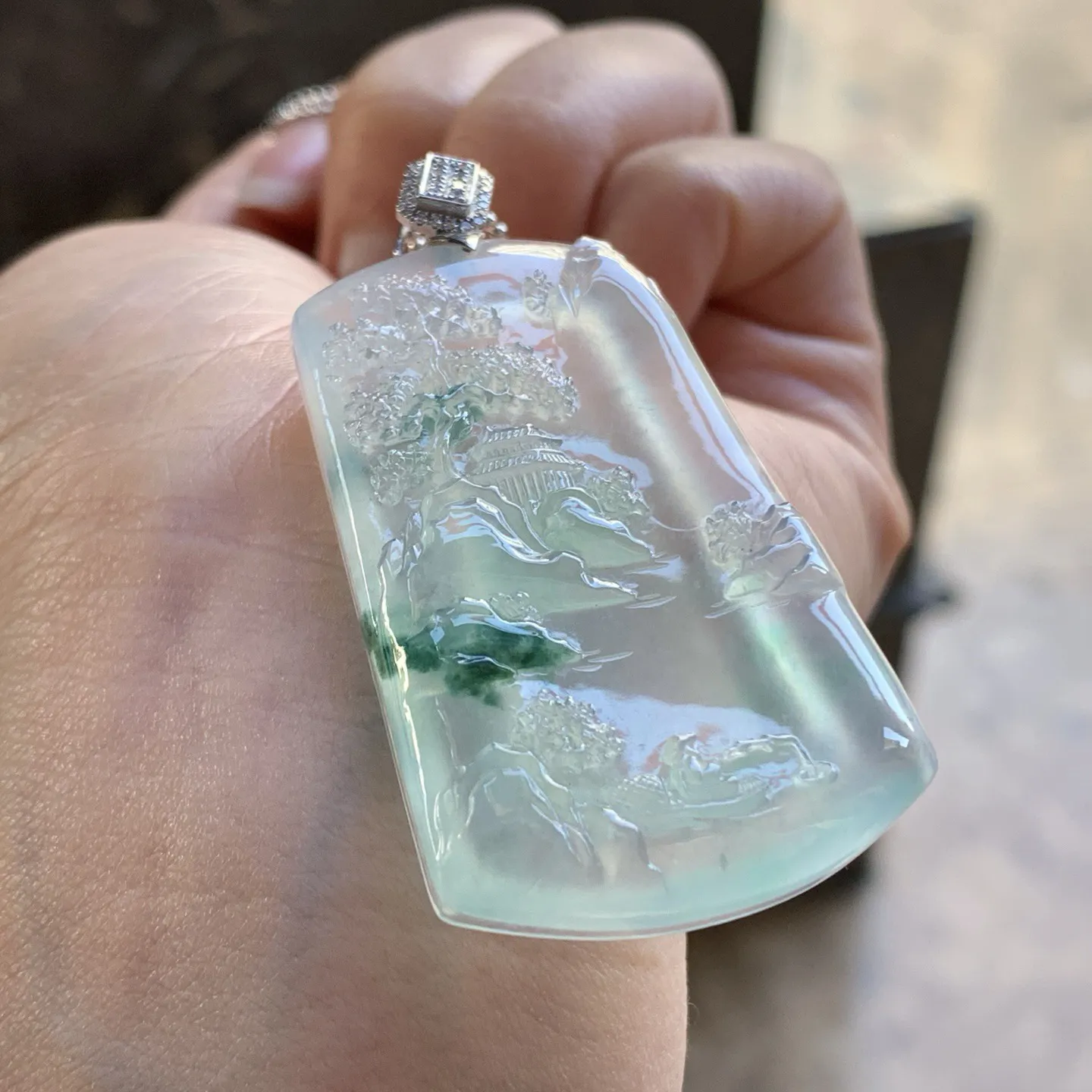 金扣蓝花山水牌^_^冰透 飘花灵韵 尺寸47-30-6.5mm