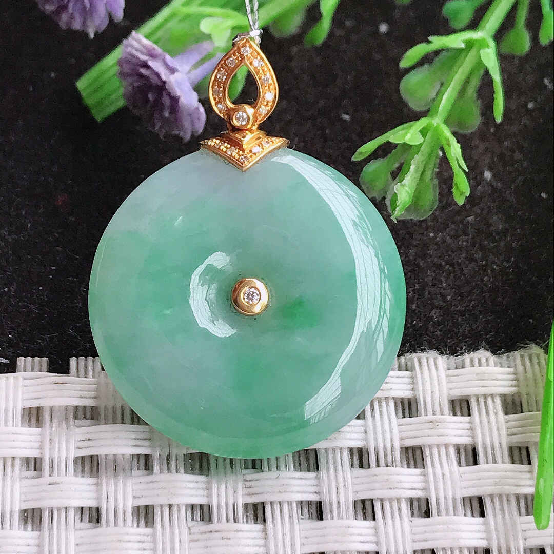 实拍A货翡翠24.3/6老坑18k金镶嵌油润飘绿平安扣吊坠翡翠挂件