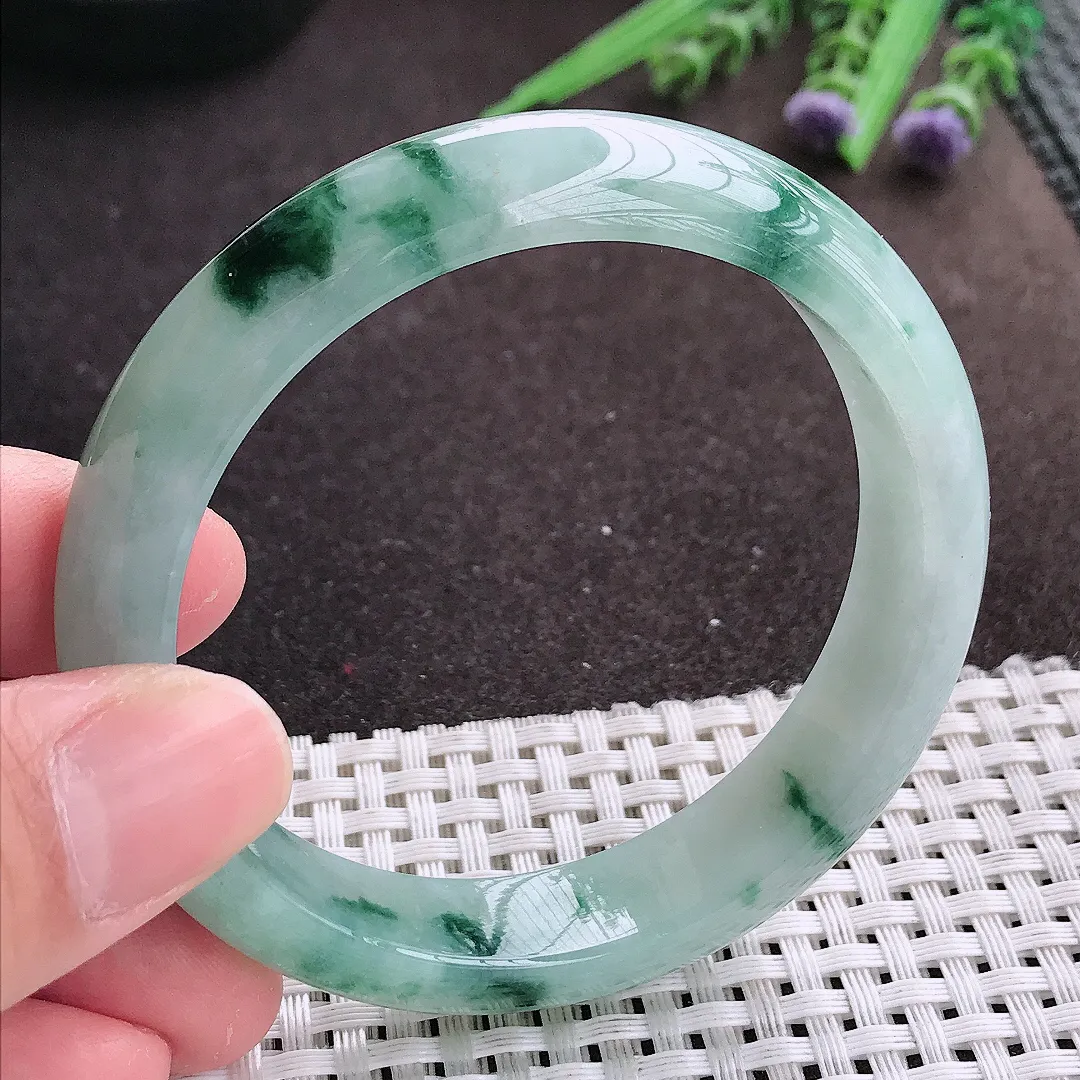 实拍A货翡翠56/13/7.8老坑冰润起胶冰飘花手镯宽边翡翠玉镯女款