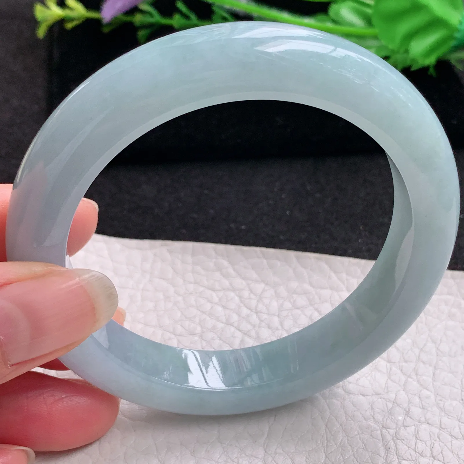 ee实拍59*12*9.7平安镯 缅甸翡翠精美冰胶蓝韵宽边玉手镯 玉手环