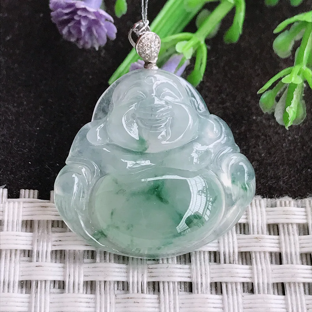 实拍A货翡翠25.3/27/5.9老坑18k金镶嵌冰飘花佛公吊坠翡翠挂件