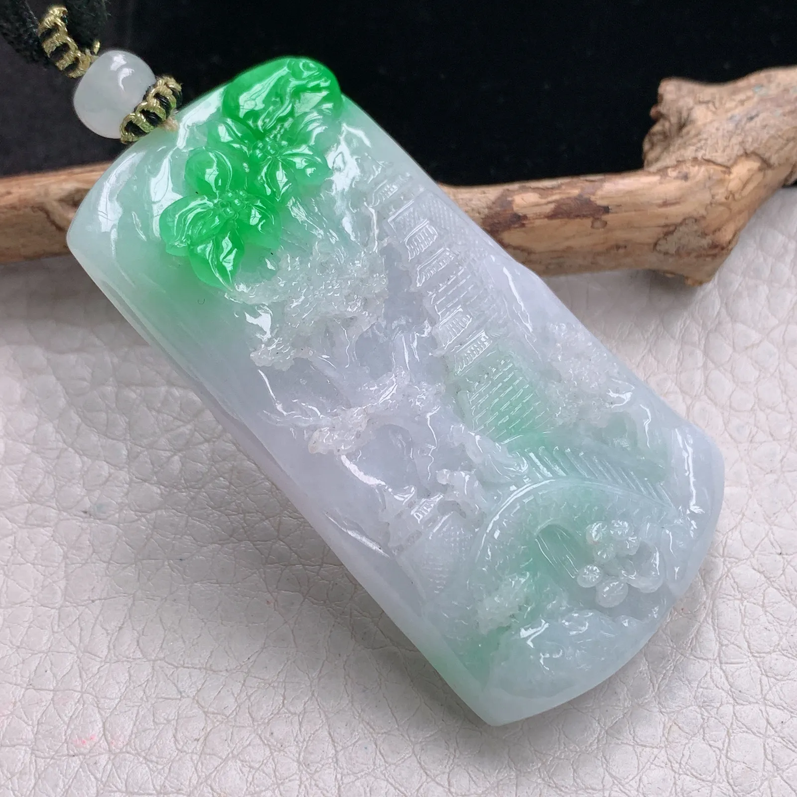 yl实拍63*36.3*13缅甸翡翠精雕白底青山水 大好河山玉吊坠 玉挂坠