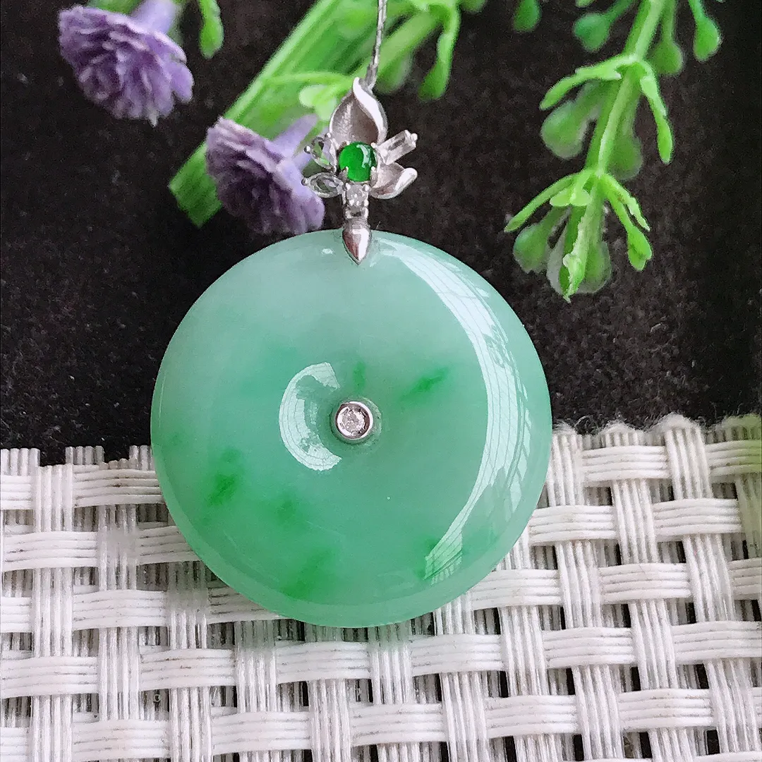 实拍A货翡翠25/6.1老坑18k金镶嵌冰润飘阳绿平安扣吊坠翡翠挂件