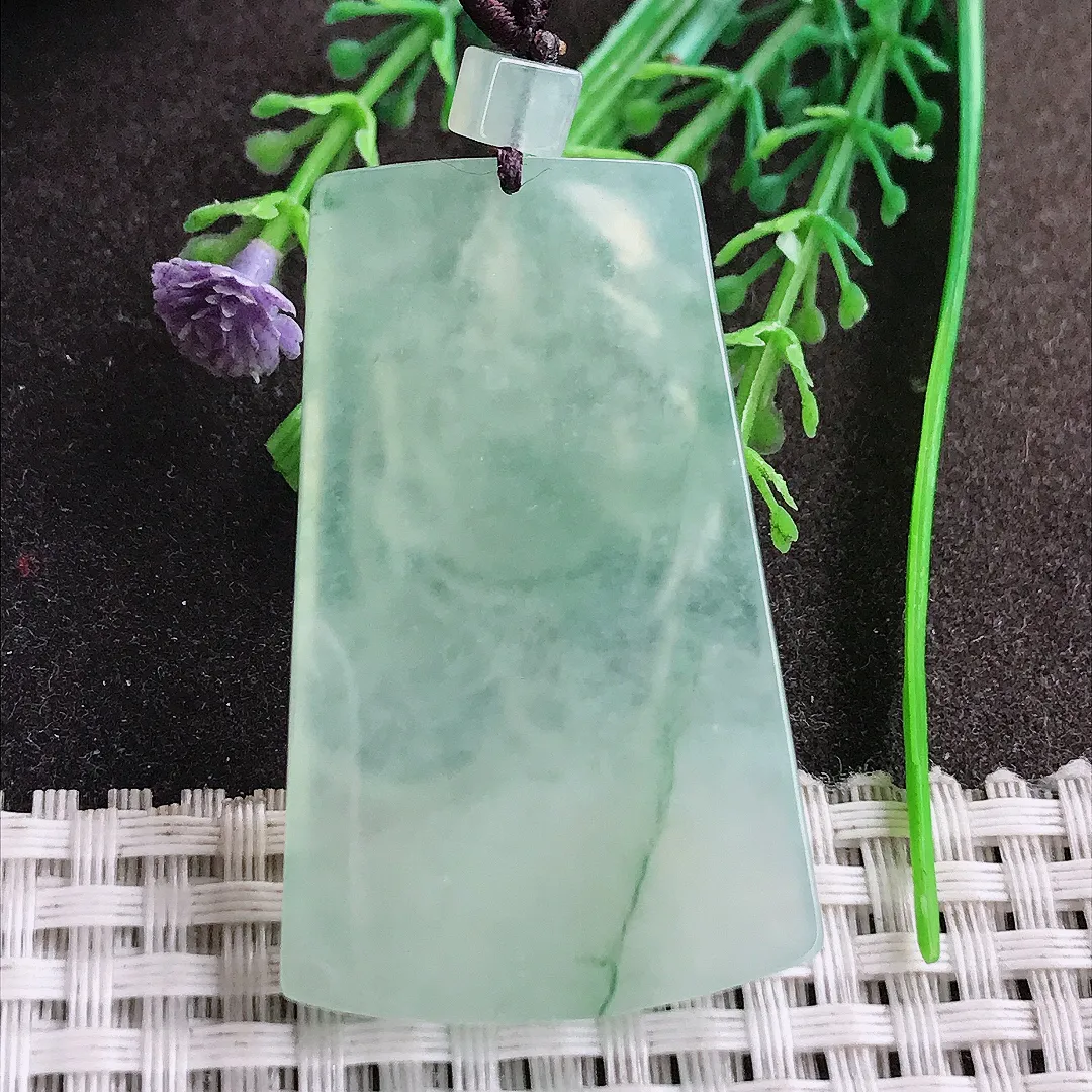 实拍A货翡翠47.2/29.5/5.8老坑冰胶果冻冰晴绿财神爷吊坠翡翠挂件