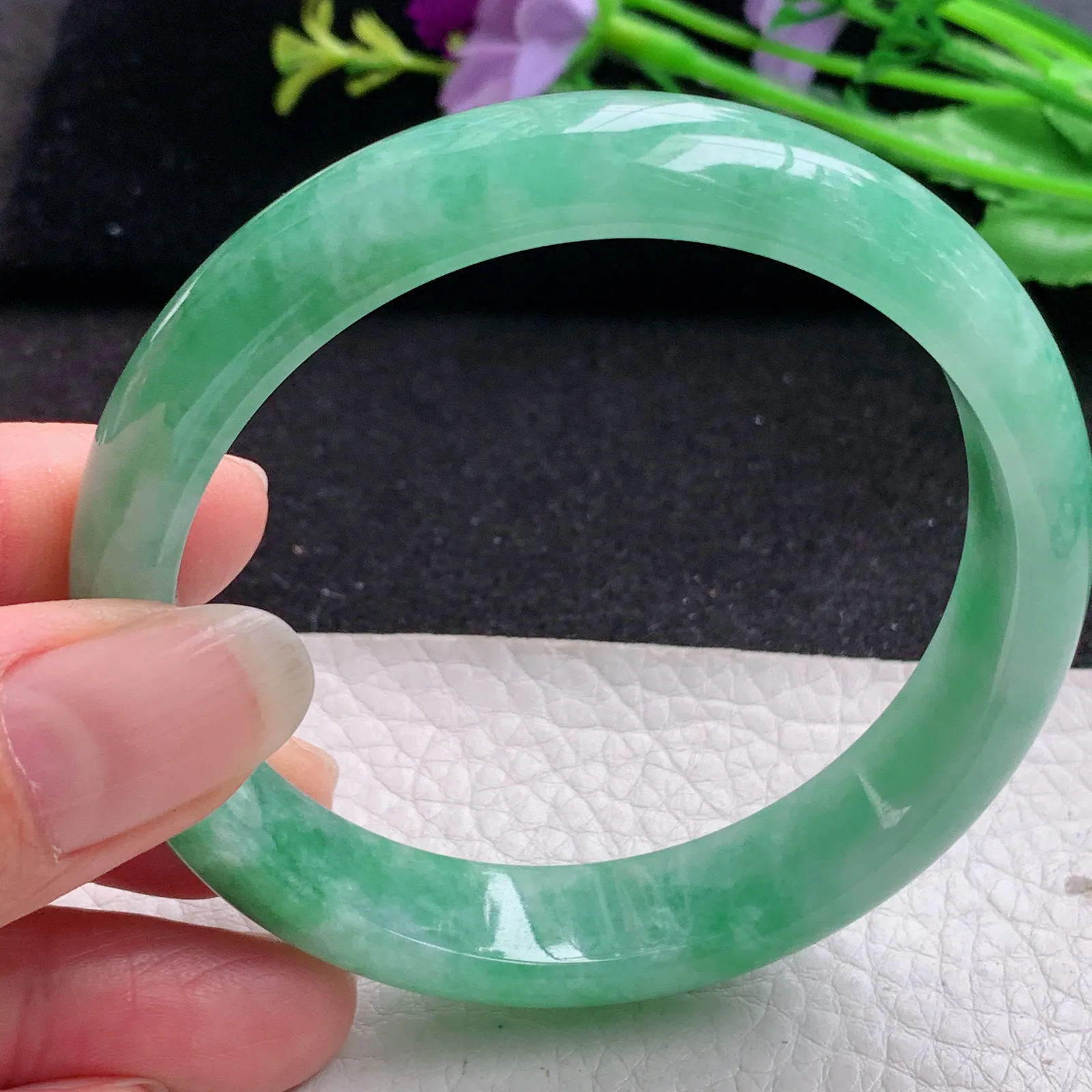 xh实拍57*12.8*7.2平安镯 缅甸翡翠精美满绿水润宽边玉手镯 玉手环