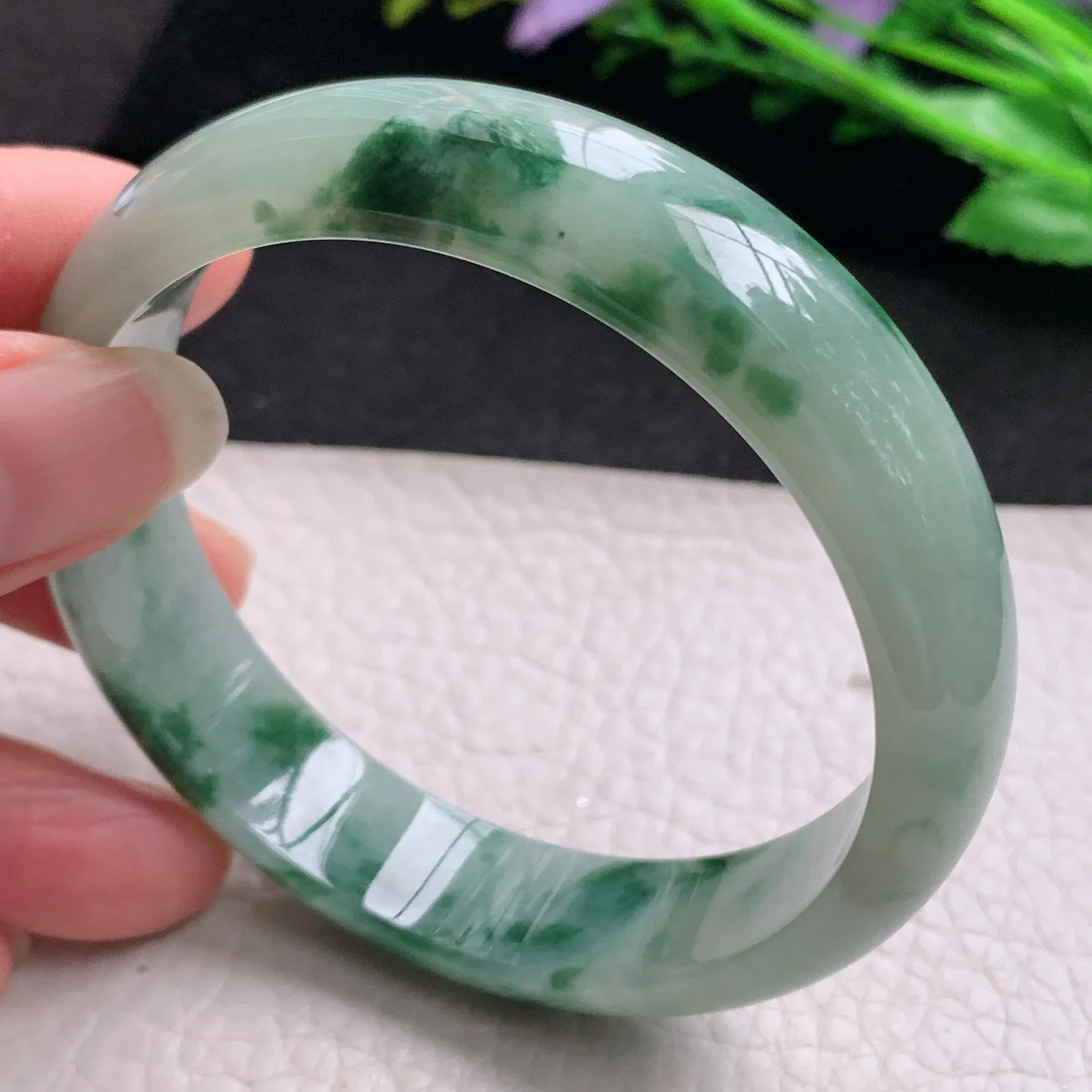 js实拍58.5*14.2*7.2平安镯 缅甸翡翠精美飘花宽边玉手镯 玉手环