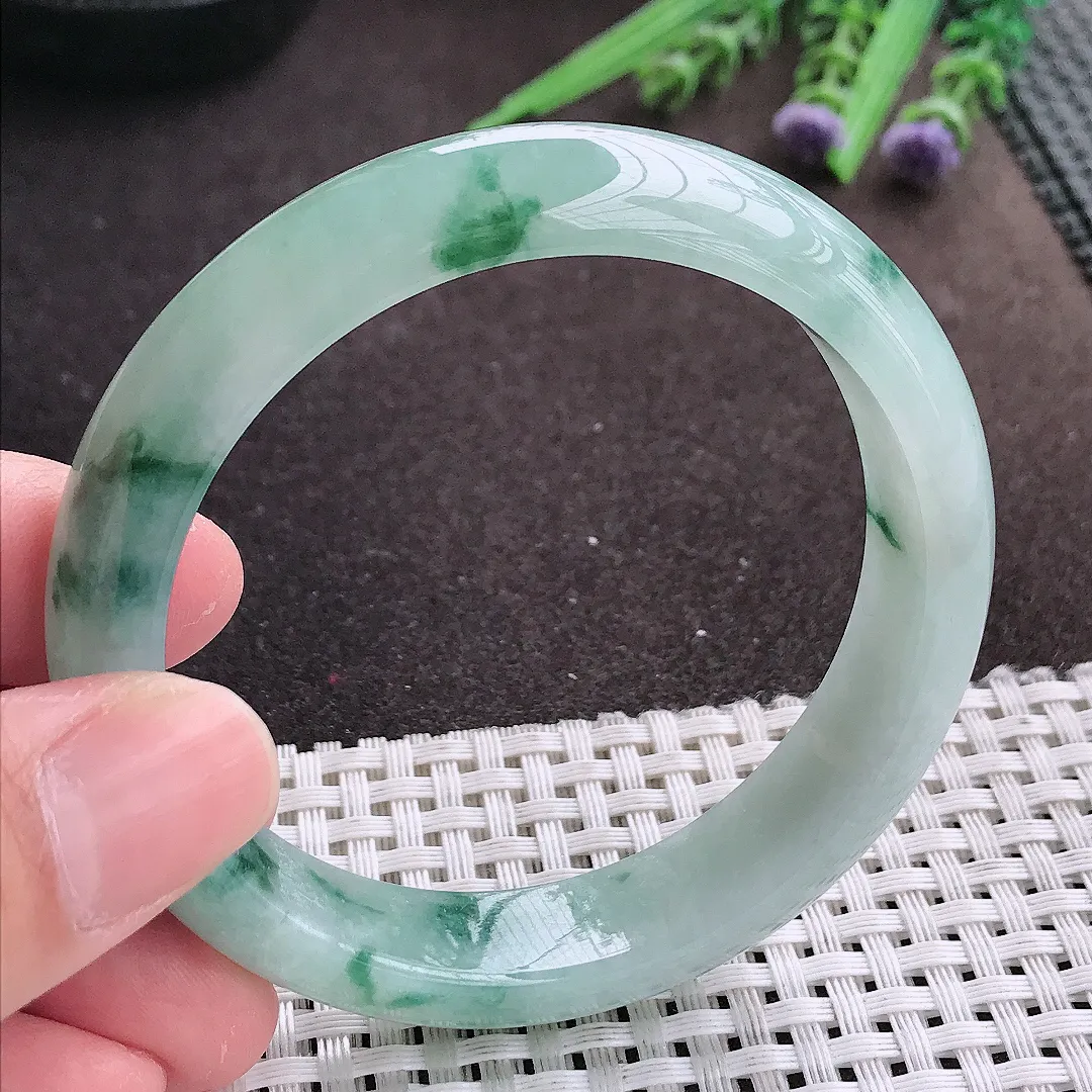 实拍A货翡翠56/13/7.8老坑冰润起胶冰飘花手镯宽边翡翠玉镯女款