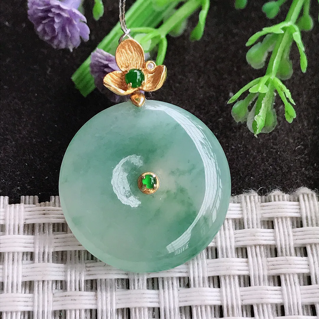 实拍A货翡翠23.5/5.3老坑18k金镶嵌冰胶果冻飘花平安扣吊坠翡翠玉扣挂件