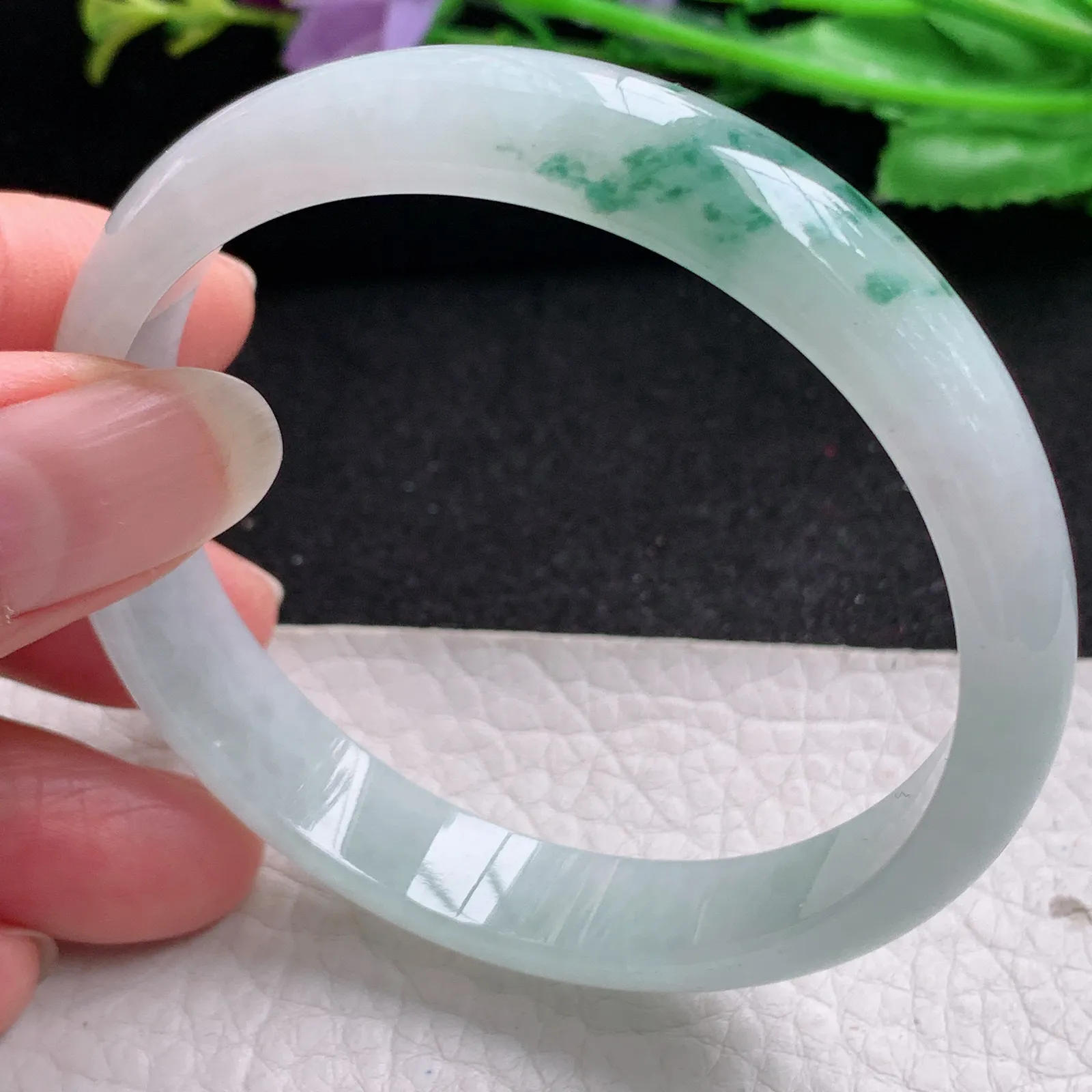 xh实拍56.5*11*6.3平安镯 缅甸翡翠精美冰飘花秀气宽边玉手镯 玉手环