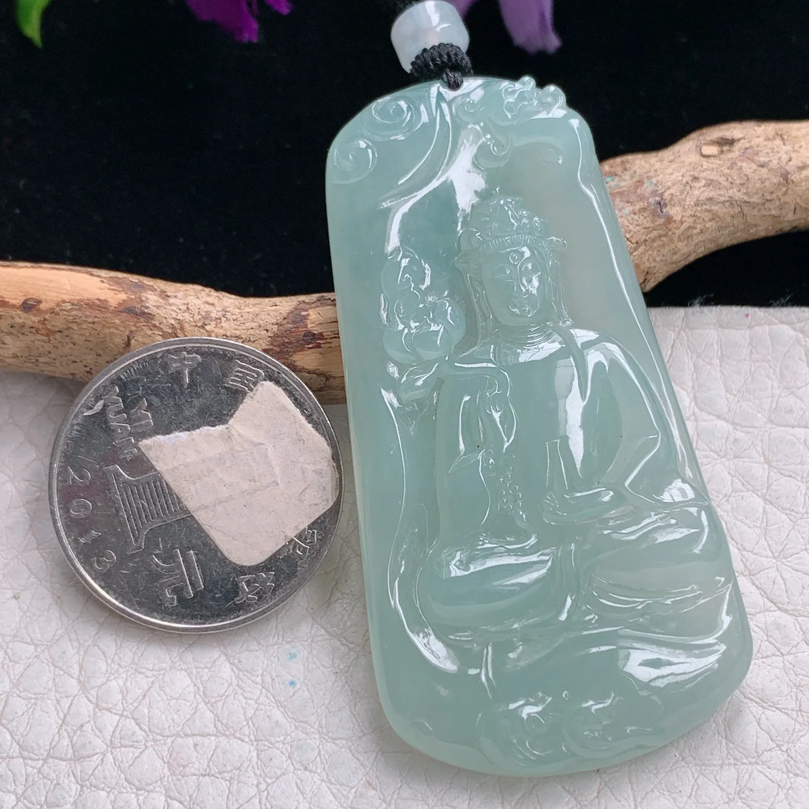 yl实拍59.3*30.5*5.6缅甸翡翠冰晴持瓶观音 玉观音玉吊坠 玉挂坠