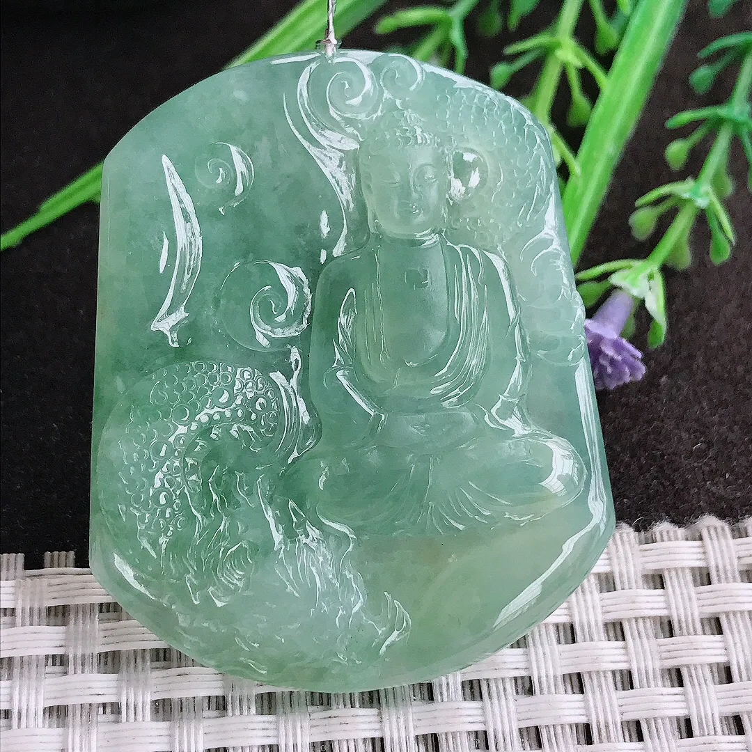 实拍A货翡翠50.5/41.7/5.5老坑冰胶果冻冰晴满甜绿如来佛祖吊坠翡翠挂件