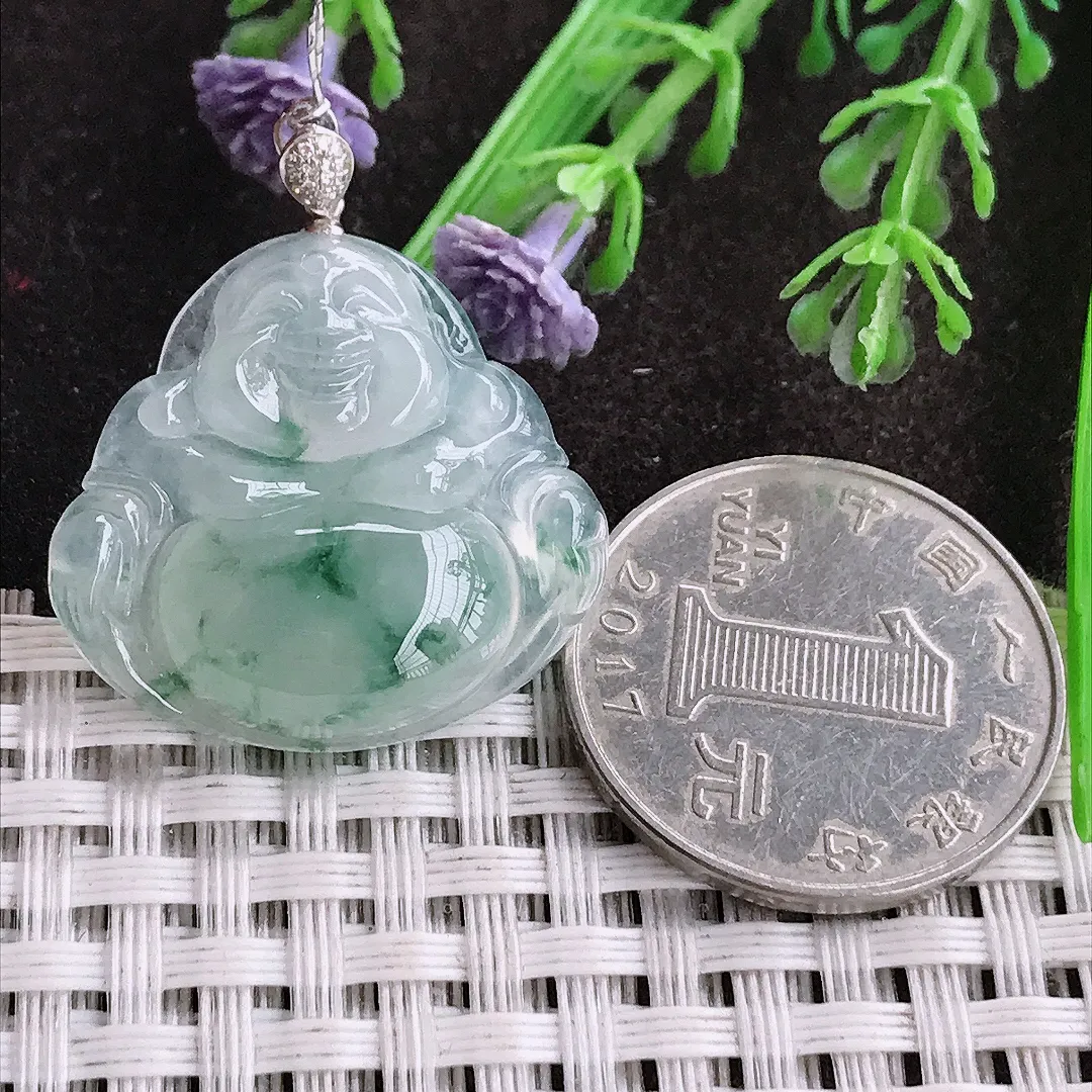 实拍A货翡翠25.3/27/5.9老坑18k金镶嵌冰飘花佛公吊坠翡翠挂件