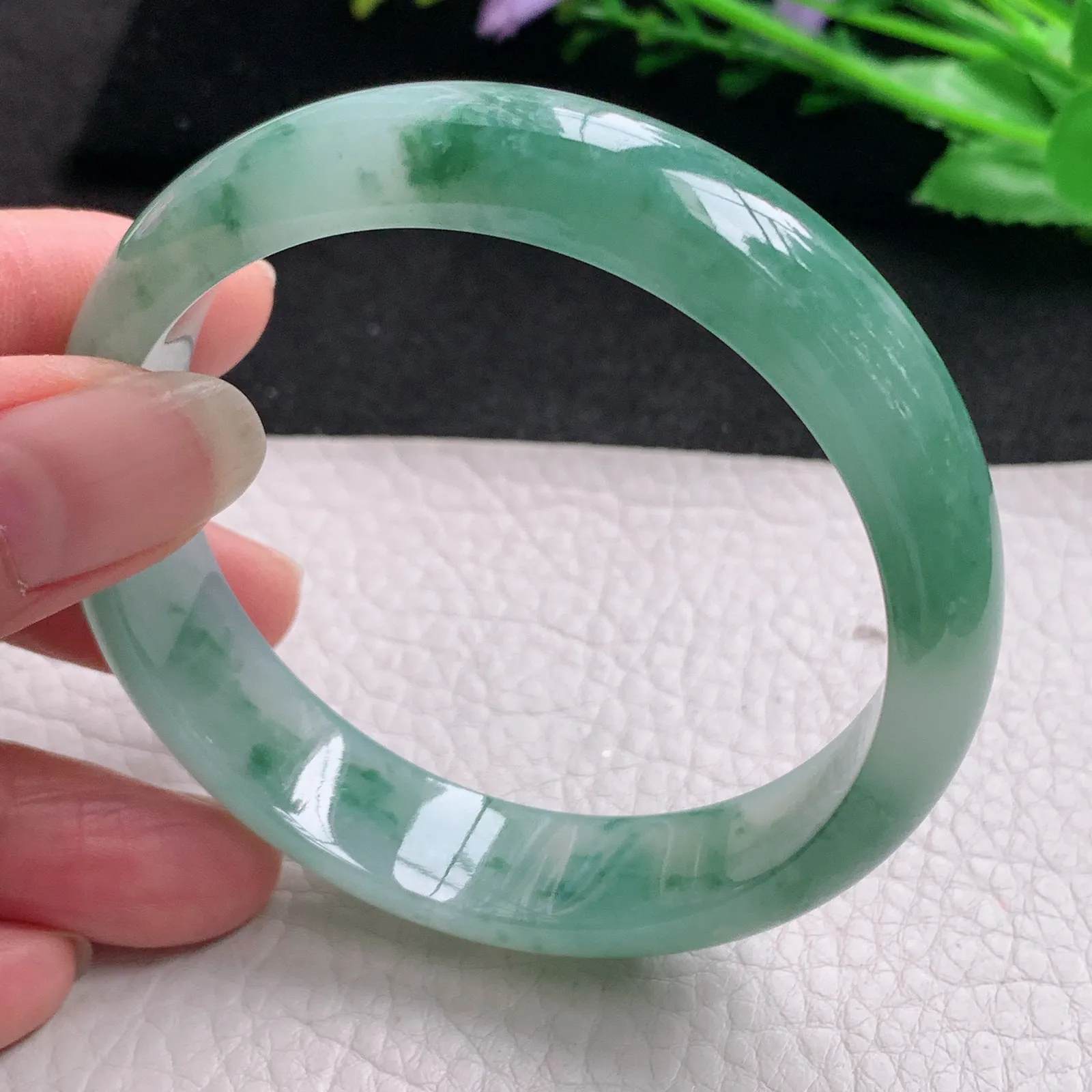 js实拍58.5*14.2*7.2平安镯 缅甸翡翠精美冰飘花宽边玉手镯 玉手环