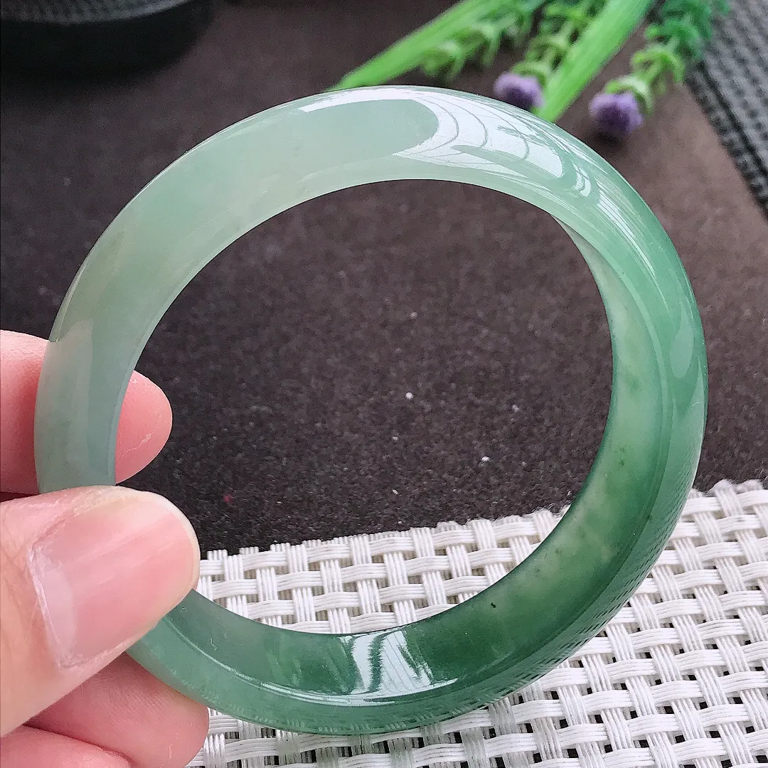 实拍A货翡翠57.5/15/7.8老坑冰胶果冻冰晴满油绿手镯宽边轮胎镯女款