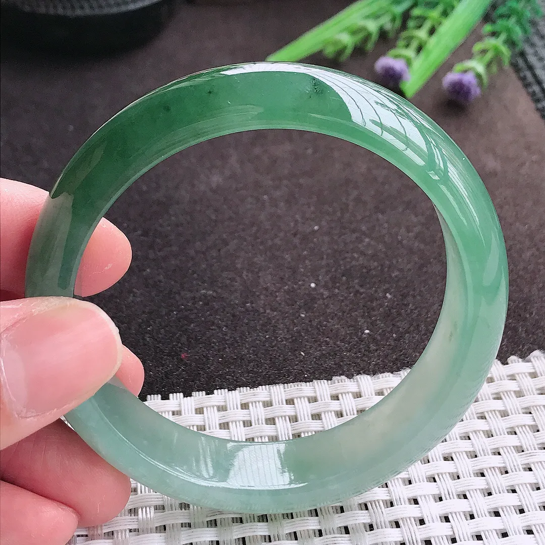 实拍A货翡翠57.5/15/7.8老坑冰胶果冻冰晴满油绿手镯宽边轮胎镯女款