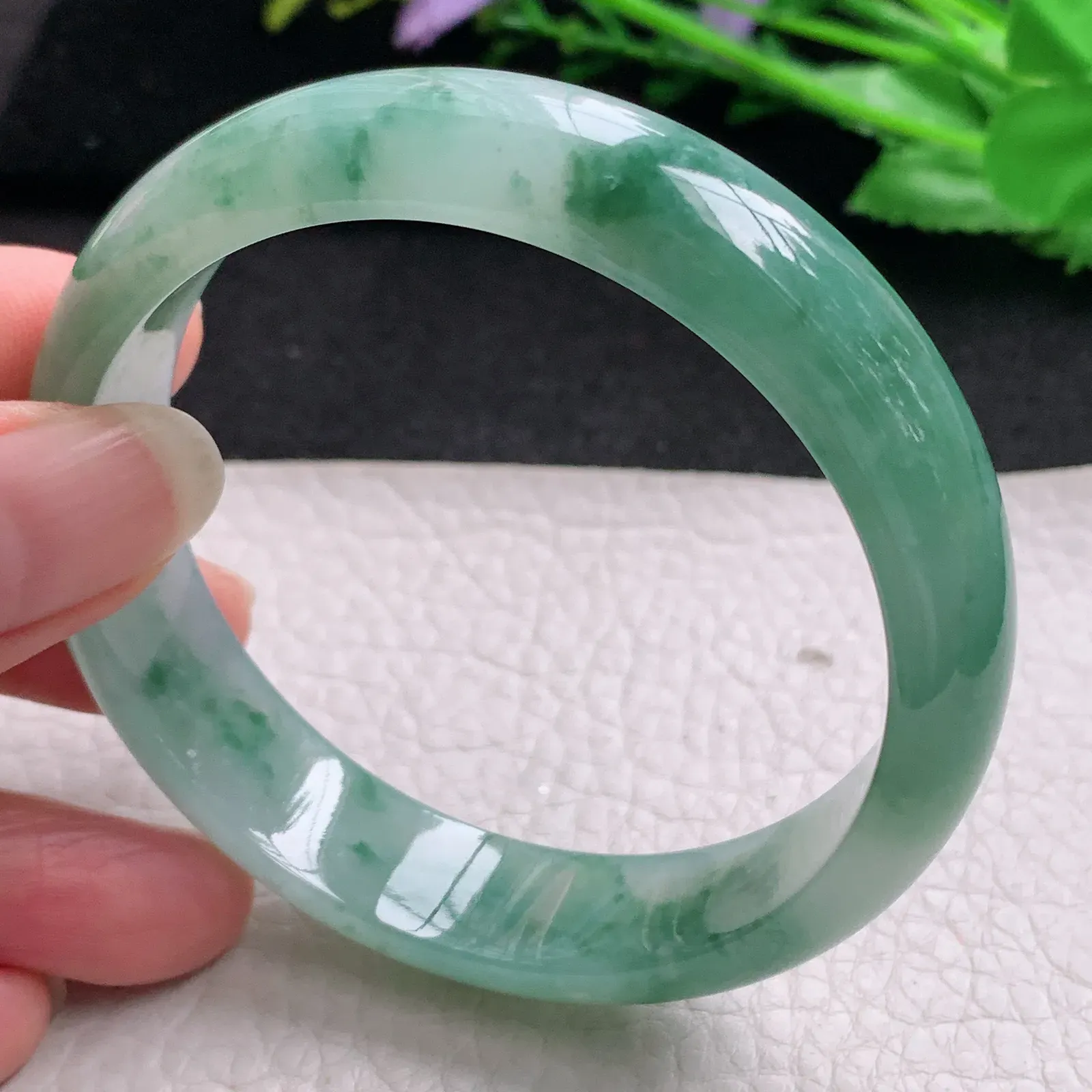js实拍58.5*14.2*7.2平安镯 缅甸翡翠精美冰飘花宽边玉手镯 玉手环