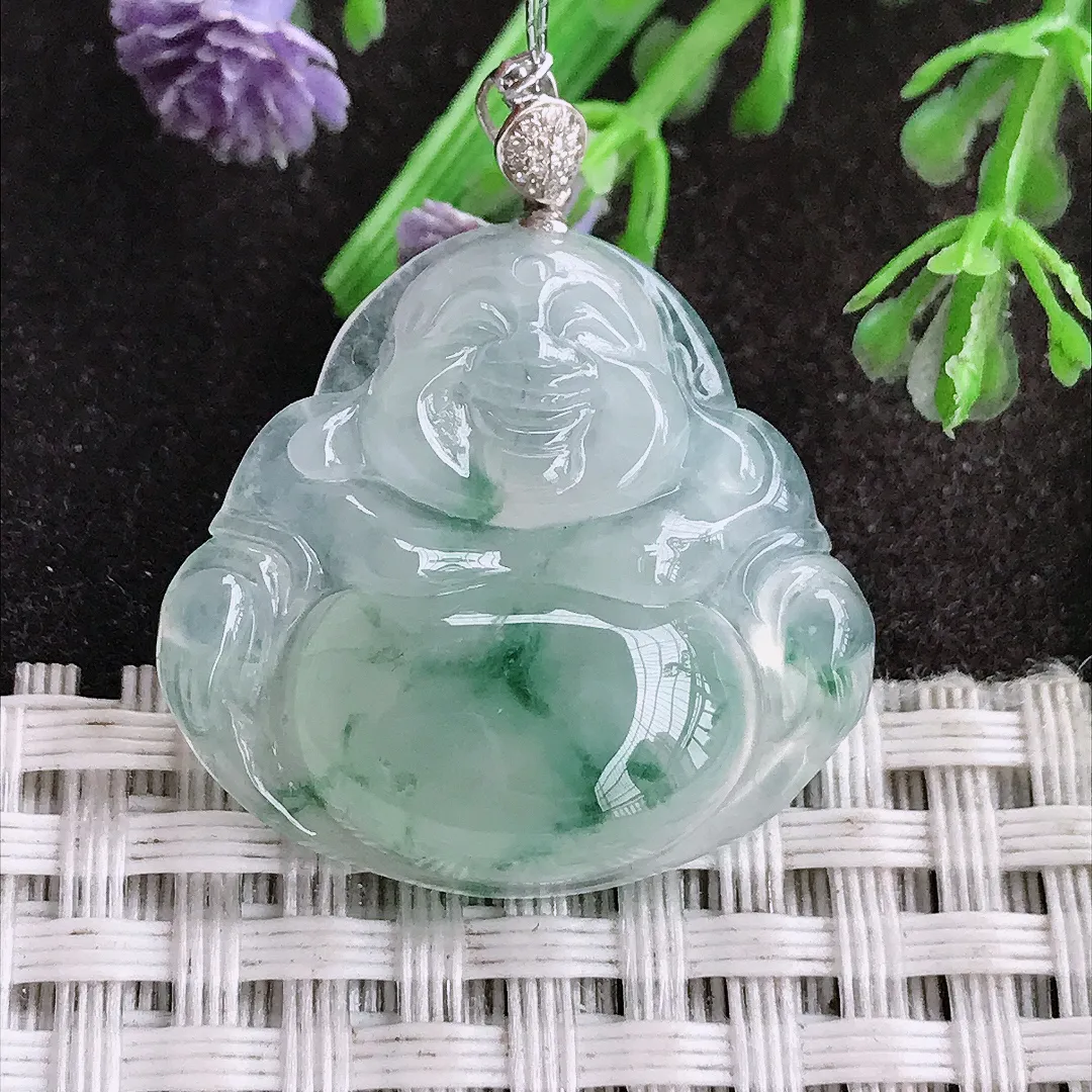 实拍A货翡翠25.3/27/5.9老坑18k金镶嵌冰飘花佛公吊坠翡翠挂件