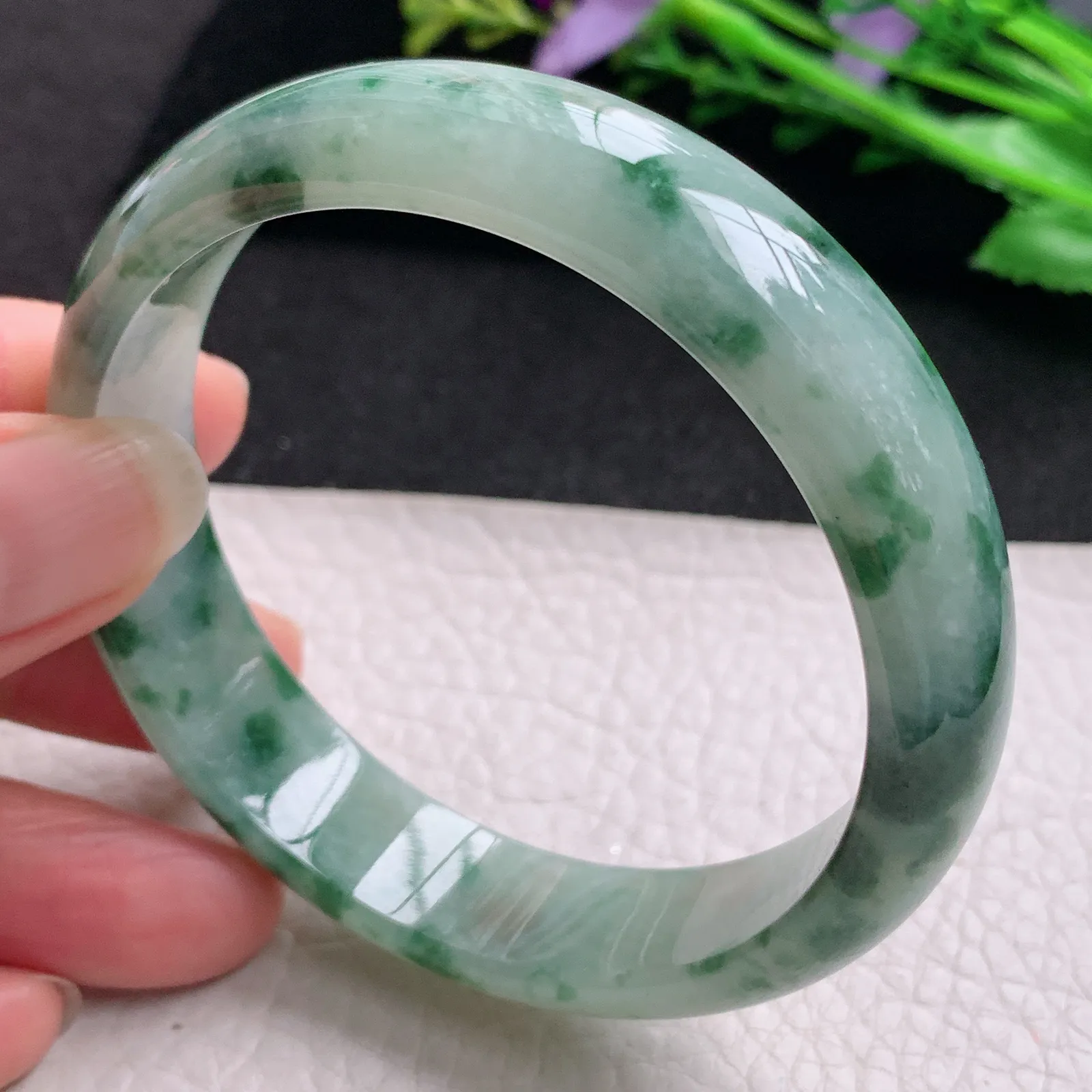 js实拍58.5*14.2*7.2平安镯 缅甸翡翠精美飘花宽边玉手镯 玉手环