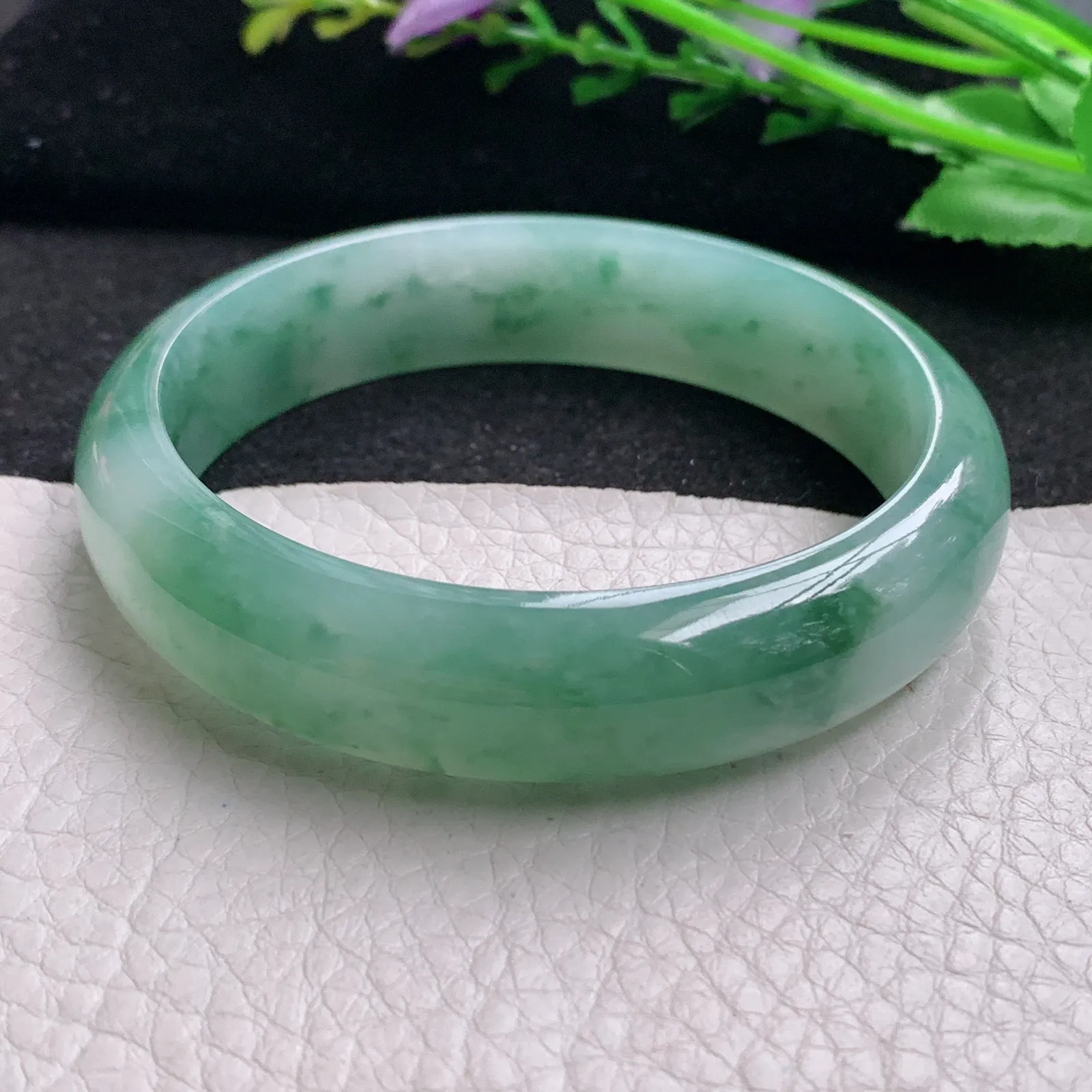 js实拍58.5*14.2*7.2平安镯 缅甸翡翠精美冰飘花宽边玉手镯 玉手环