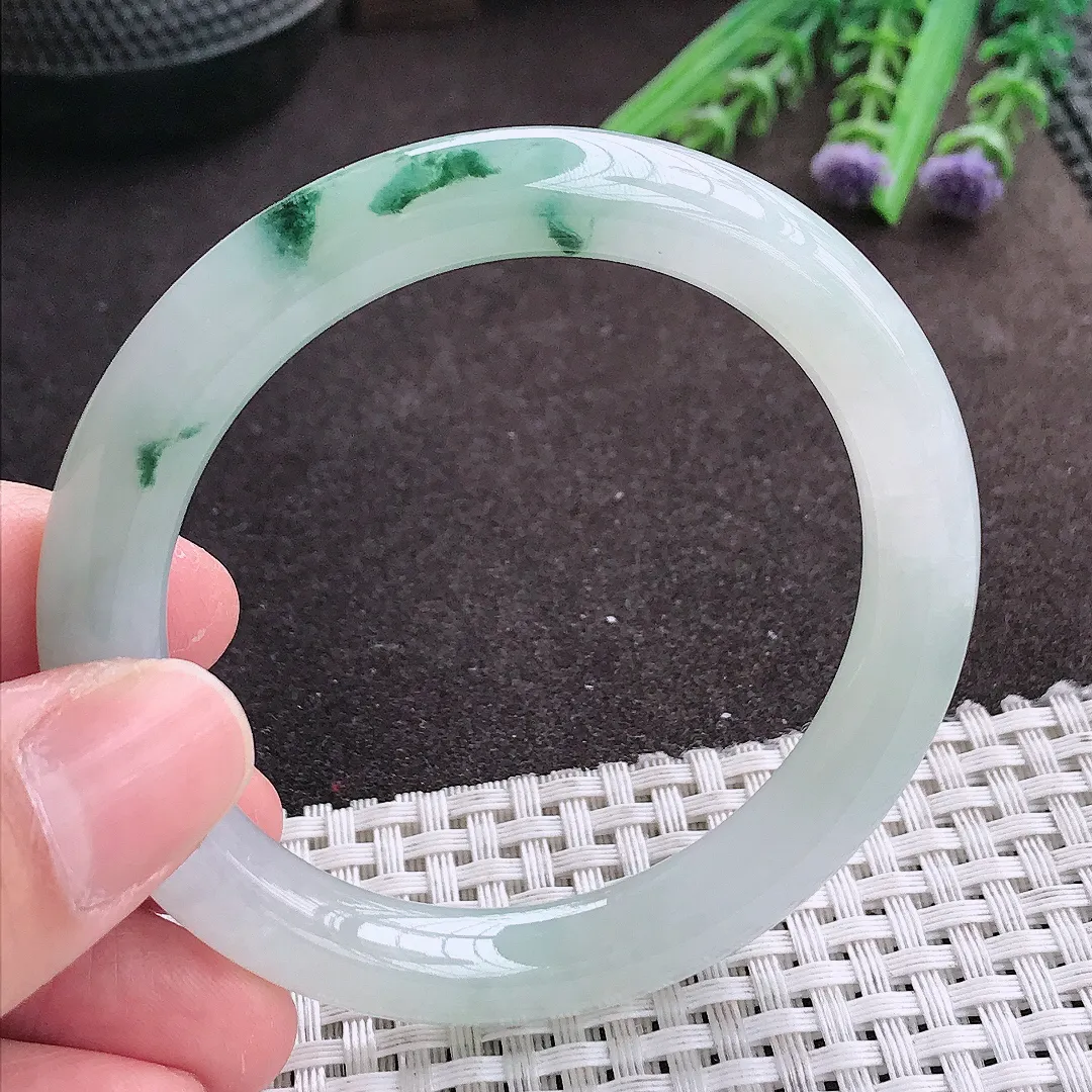 实拍A货翡翠53.5/9老坑冰胶水灵飘花圆条手镯翡翠玉镯女款