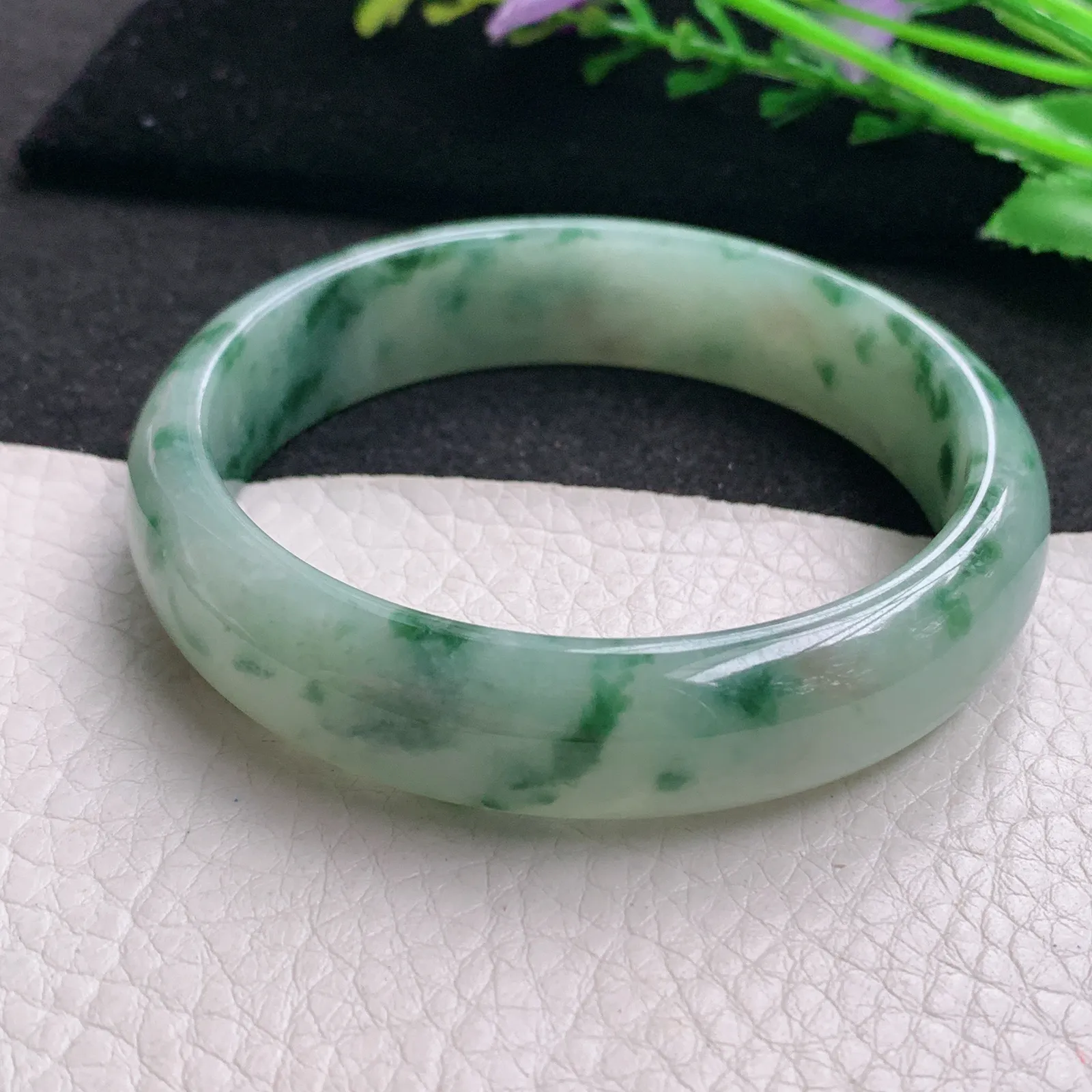 js实拍58.5*14.2*7.2平安镯 缅甸翡翠精美飘花宽边玉手镯 玉手环