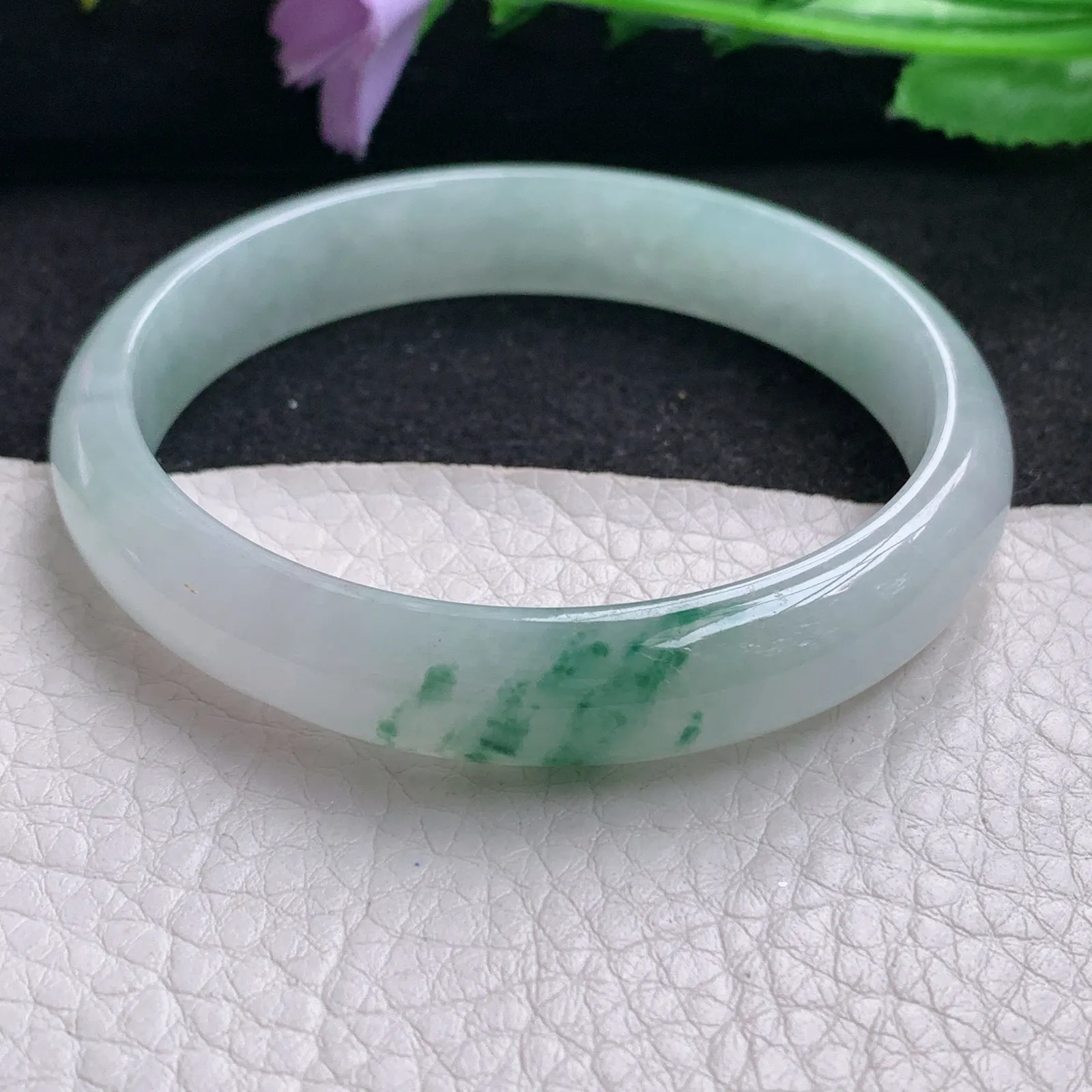 xh实拍56.5*11*6.3平安镯 缅甸翡翠精美冰飘花秀气宽边玉手镯 玉手环