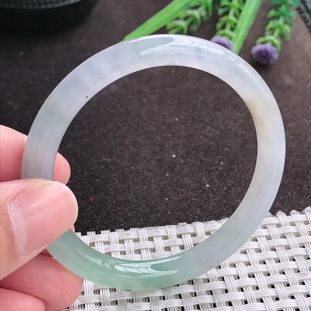 实拍A货翡翠52/6.9/7.2老坑冰胶果冻冰晴圆条手镯宽边翡翠玉镯女款