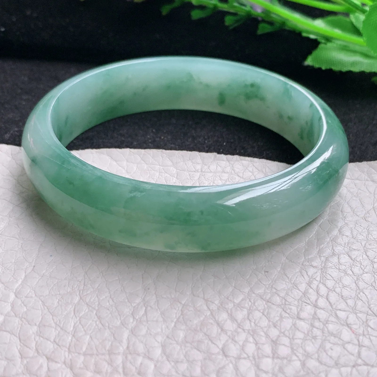 js实拍58.5*14.2*7.2平安镯 缅甸翡翠精美冰飘花宽边玉手镯 玉手环