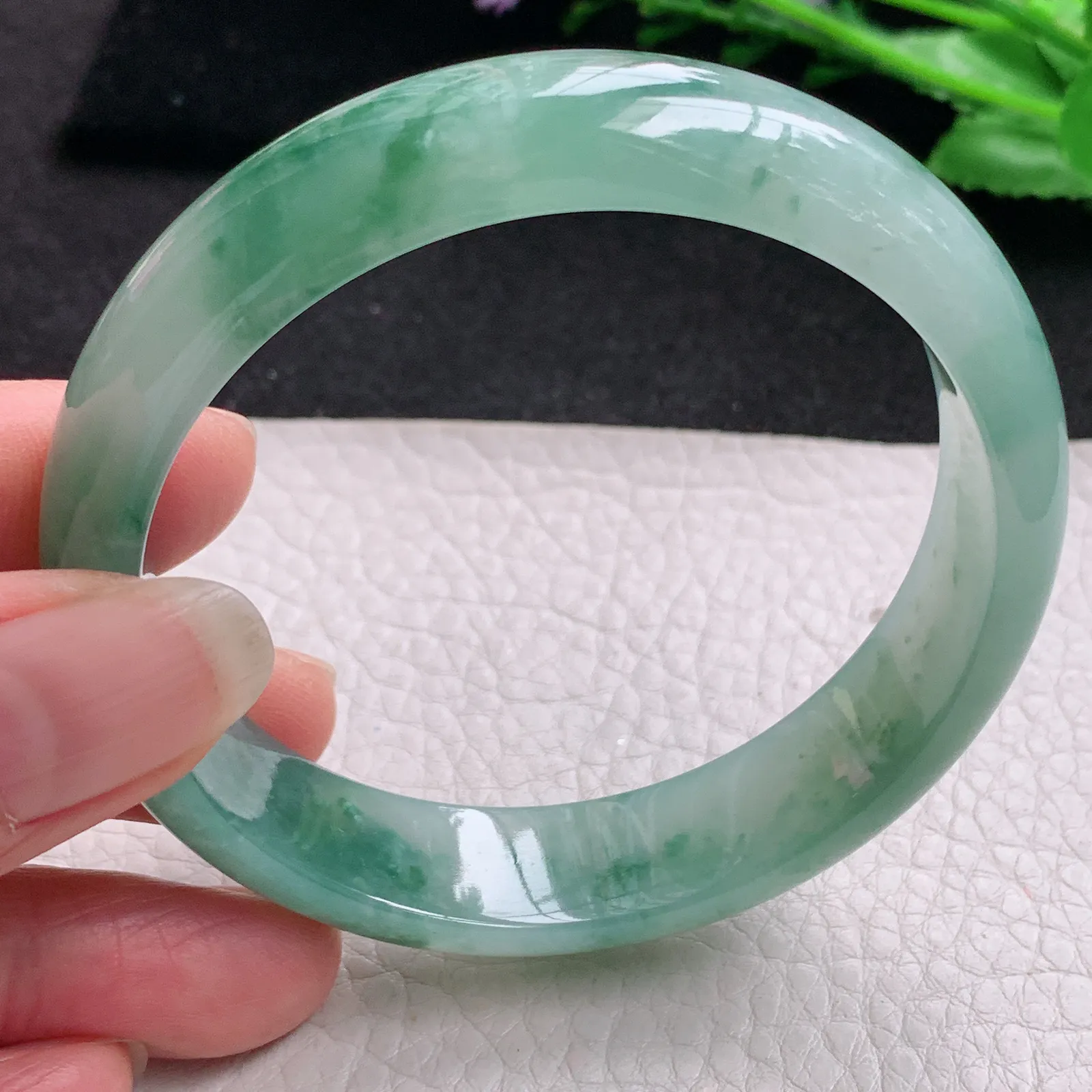js实拍58.5*14.2*7.2平安镯 缅甸翡翠精美冰飘花宽边玉手镯 玉手环
