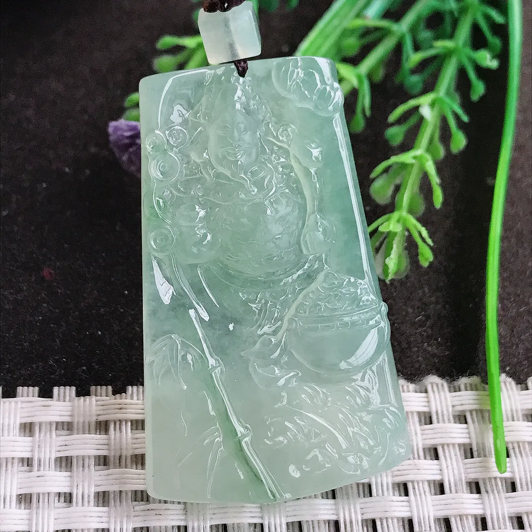 实拍A货翡翠47.2/29.5/5.8老坑冰胶果冻冰晴绿财神爷吊坠翡翠挂件