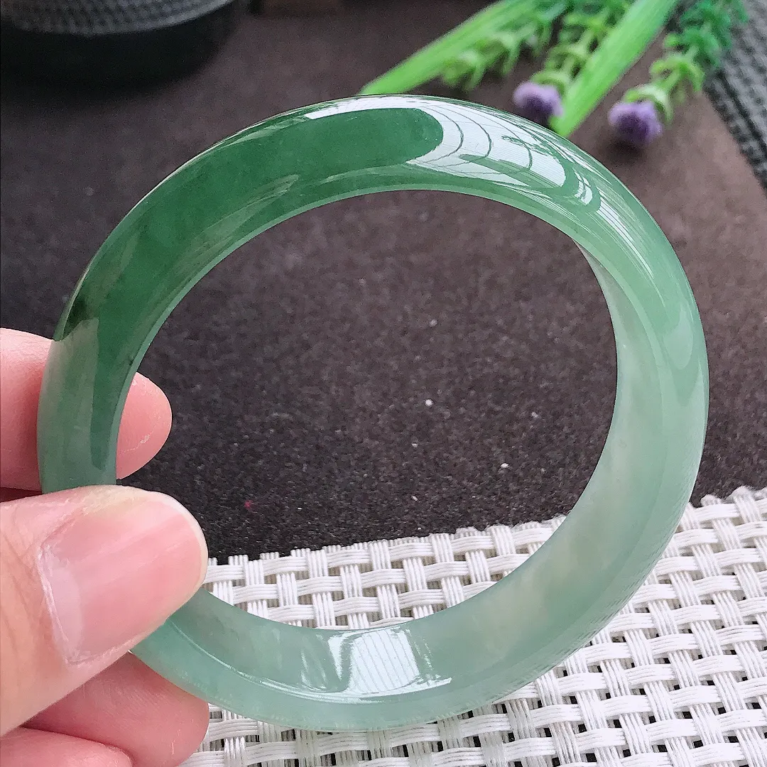 实拍A货翡翠57.5/15/7.8老坑冰胶果冻冰晴满油绿手镯宽边轮胎镯女款