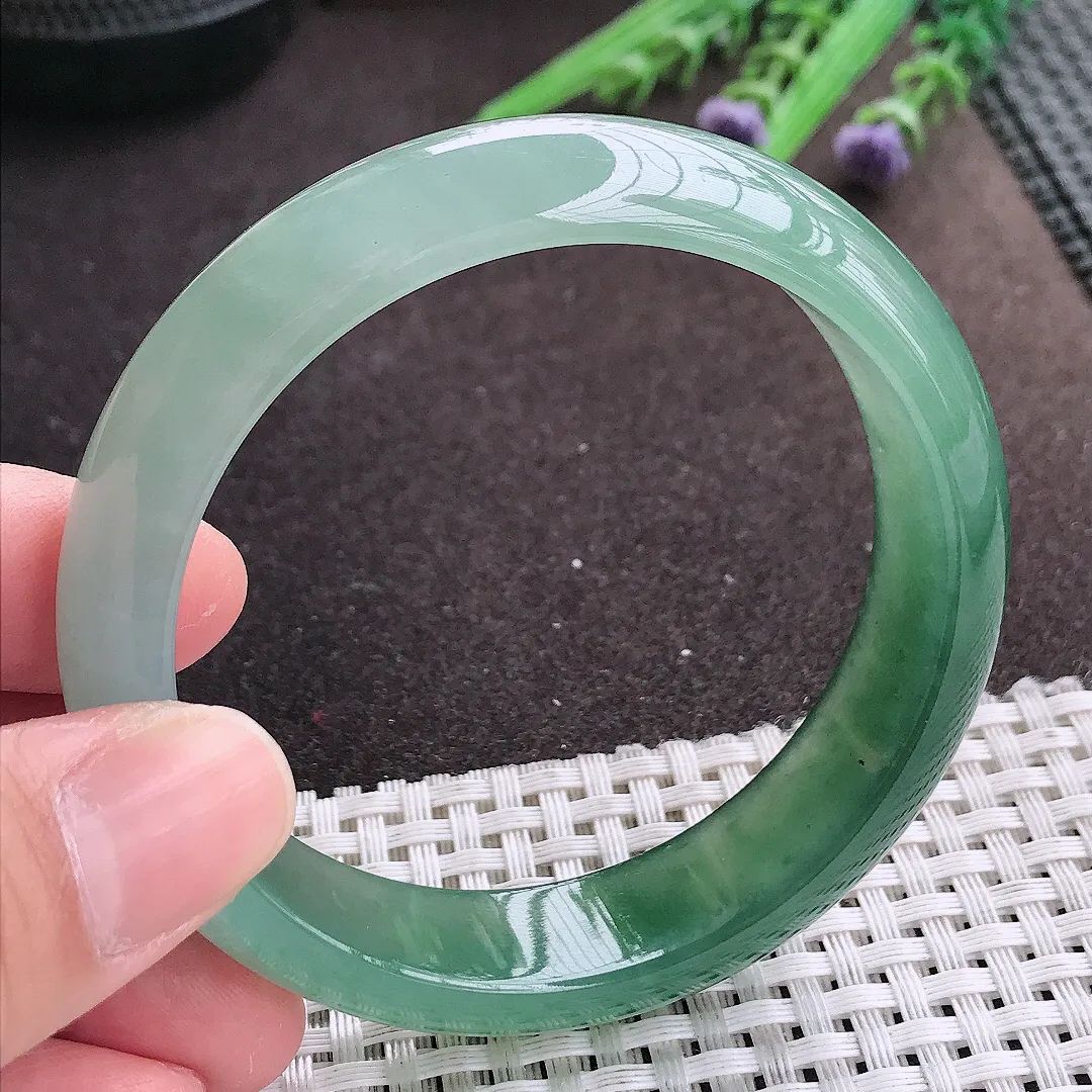 实拍A货翡翠57.5/15/7.8老坑冰胶果冻冰晴满油绿手镯宽边轮胎镯女款