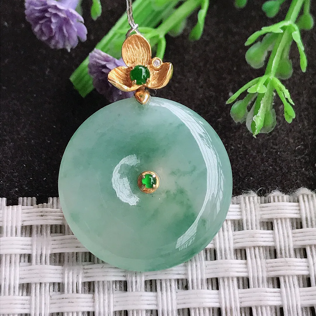 实拍A货翡翠23.5/5.3老坑18k金镶嵌冰胶果冻飘花平安扣吊坠翡翠玉扣挂件