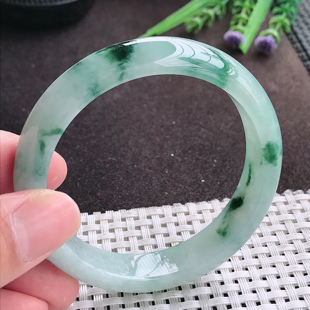 实拍A货翡翠56/13/7.8老坑冰润起胶冰飘花手镯宽边翡翠玉镯女款