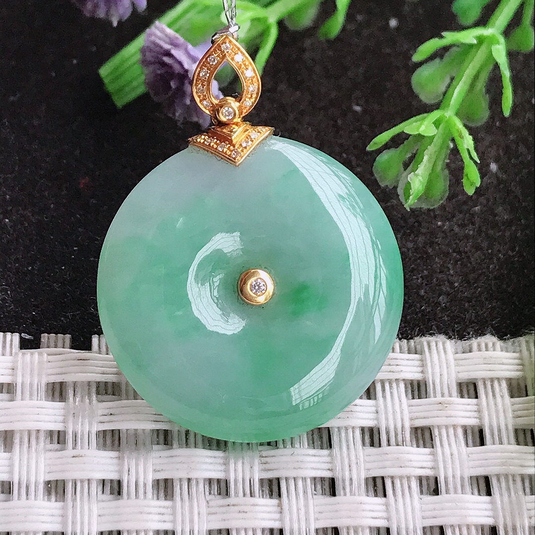 实拍A货翡翠24.3/6老坑18k金镶嵌油润飘绿平安扣吊坠翡翠挂件