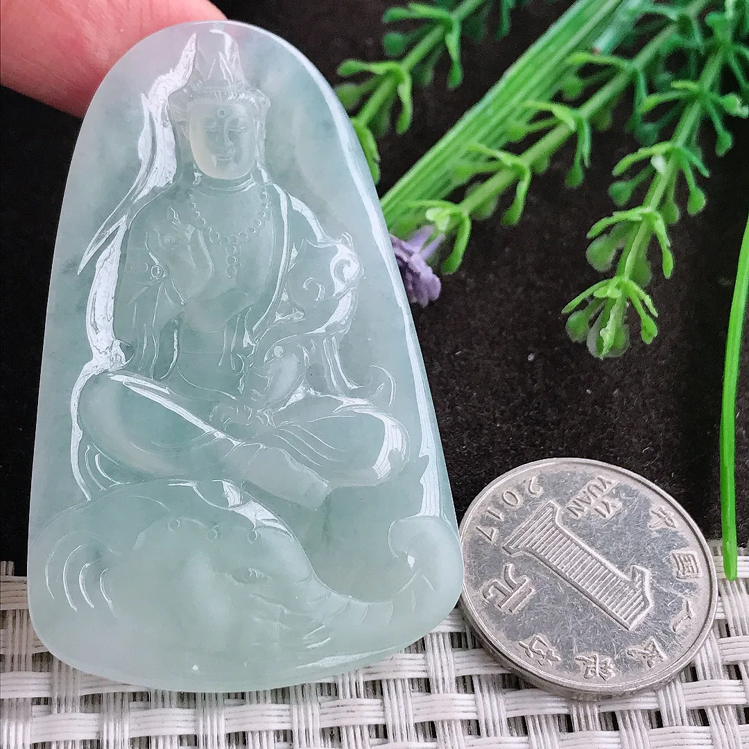 实拍A货翡翠61/38.5/4.3老坑秀气冰胶普贤菩萨吊坠翡翠挂件