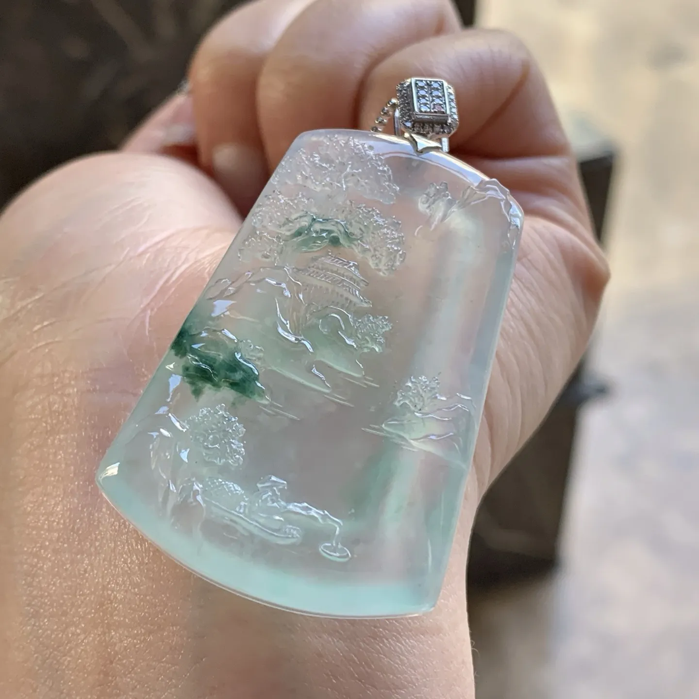 金扣蓝花山水牌^_^冰透 飘花灵韵 尺寸47-30-6.5mm