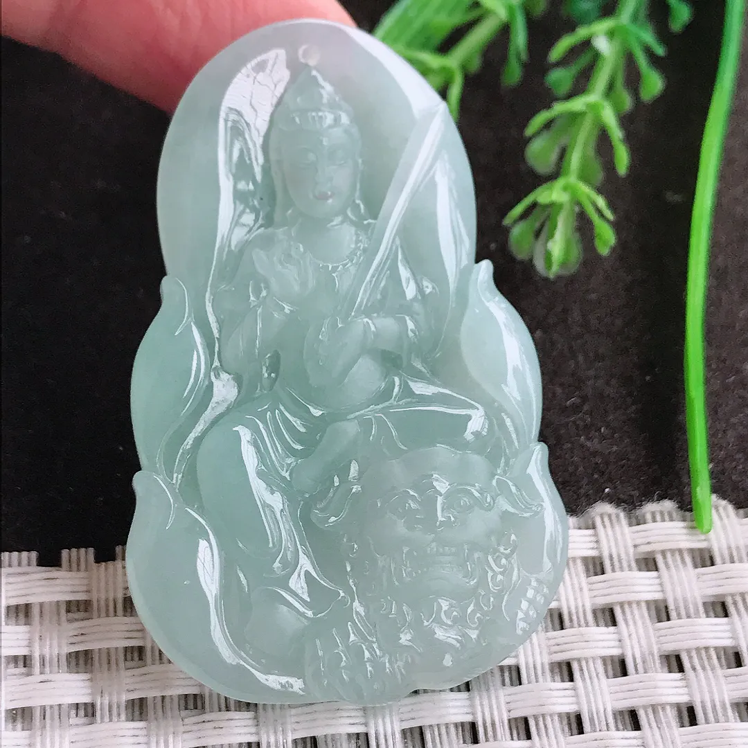 实拍A货翡翠52.6/34.3/6老坑冰润起胶冰晴底文殊菩萨吊坠翡翠守护神挂件