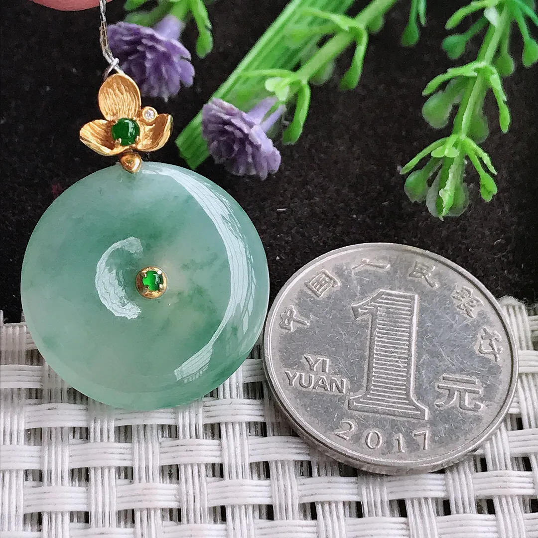 实拍A货翡翠23.5/5.3老坑18k金镶嵌冰胶果冻飘花平安扣吊坠翡翠玉扣挂件
