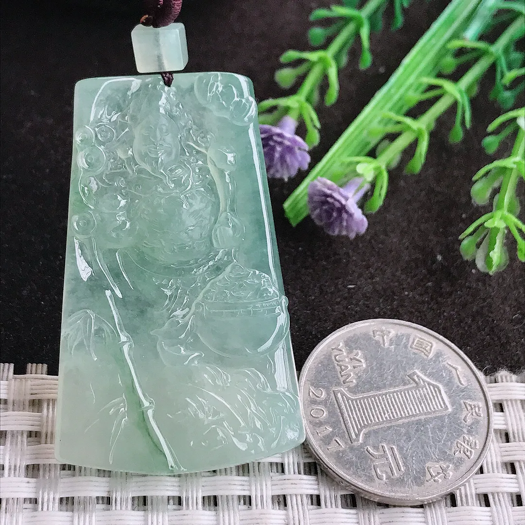 实拍A货翡翠47.2/29.5/5.8老坑冰胶果冻冰晴绿财神爷吊坠翡翠挂件