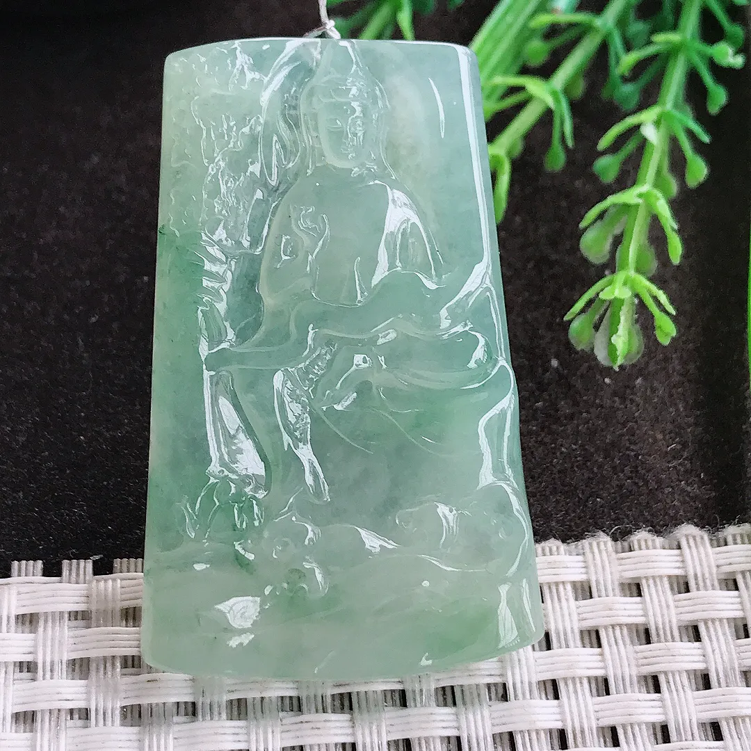 实拍A货翡翠50/31.7/5.8老坑冰胶果冻冰晴甜绿赐福观音吊坠翡翠挂件