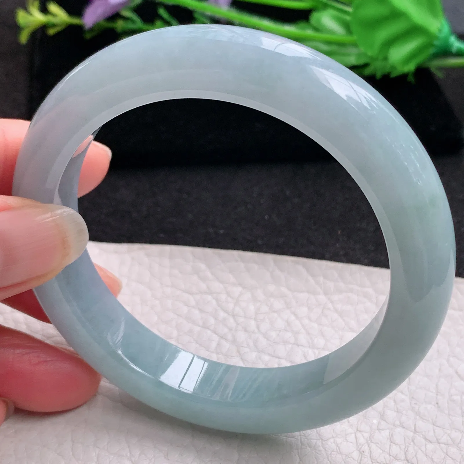 ee实拍59*12*9.7平安镯 缅甸翡翠精美冰胶蓝韵宽边玉手镯 玉手环