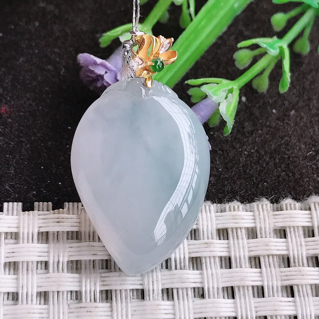 实拍A货翡翠26.4/19/8.3老坑18k金镶嵌冰胶水灵桃子寿桃吊坠翡翠挂件